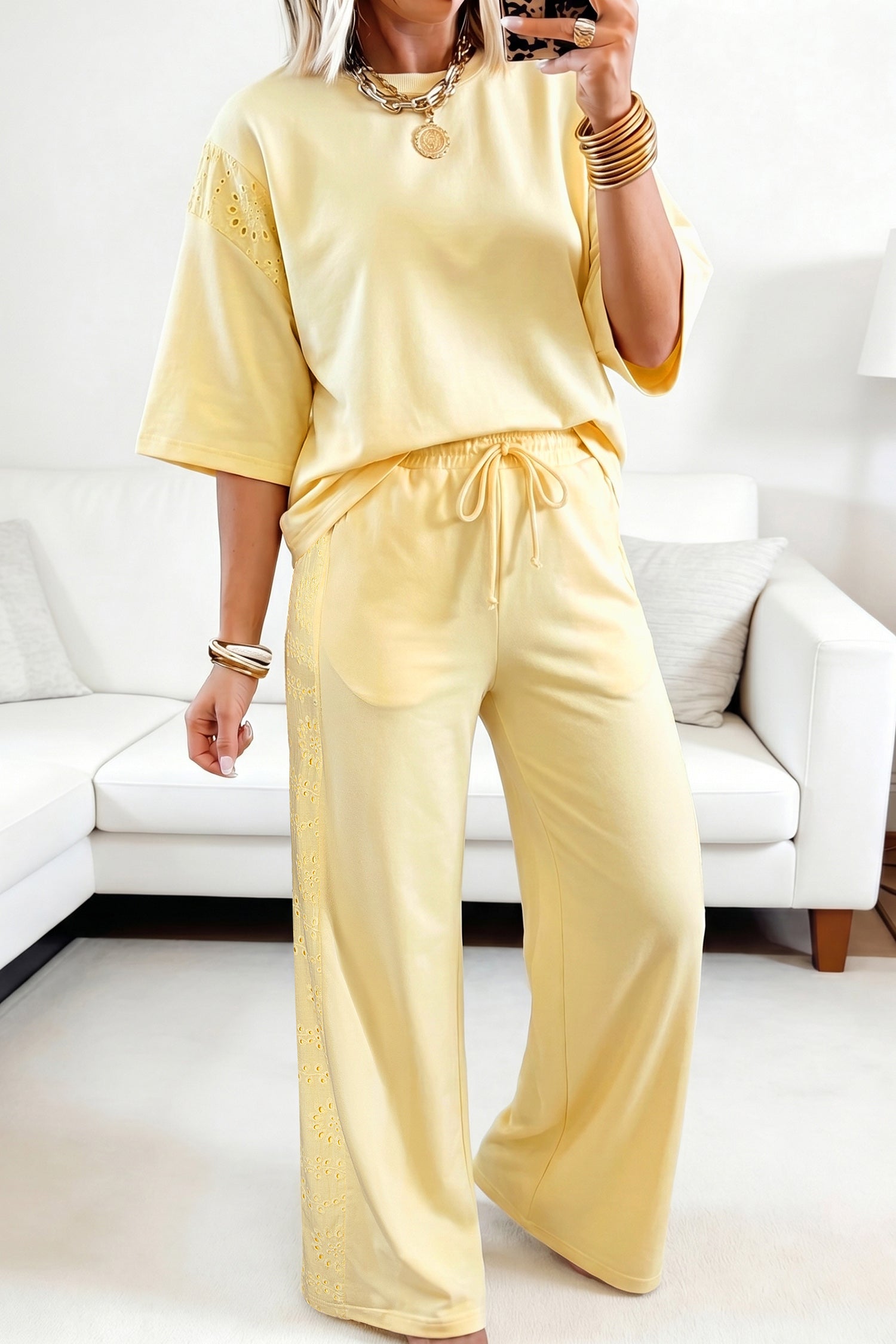 Solid Embroidered Eyelet Patchwork Top & Pants Set