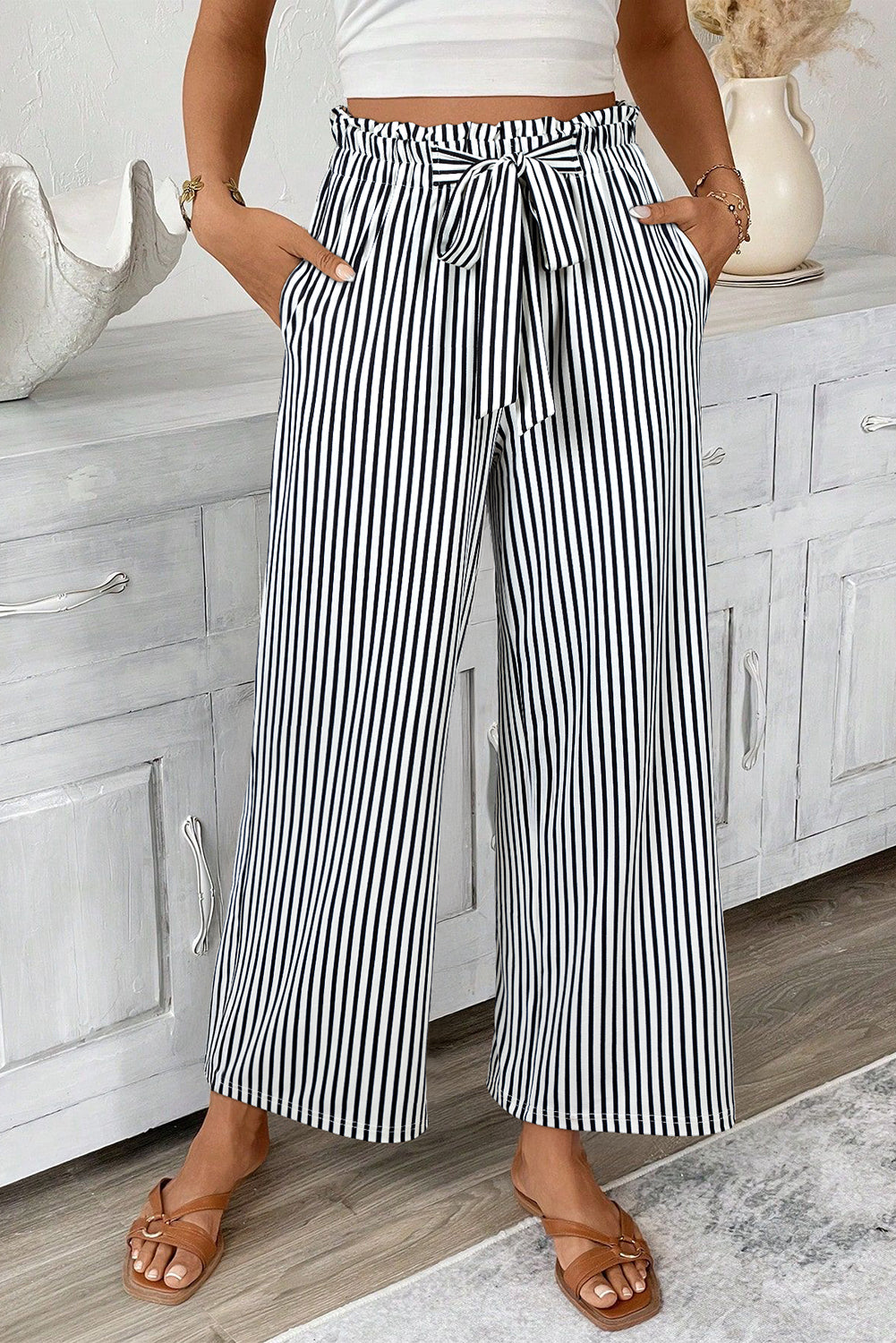 Stripe Tied High Waist Straight Leg Pants