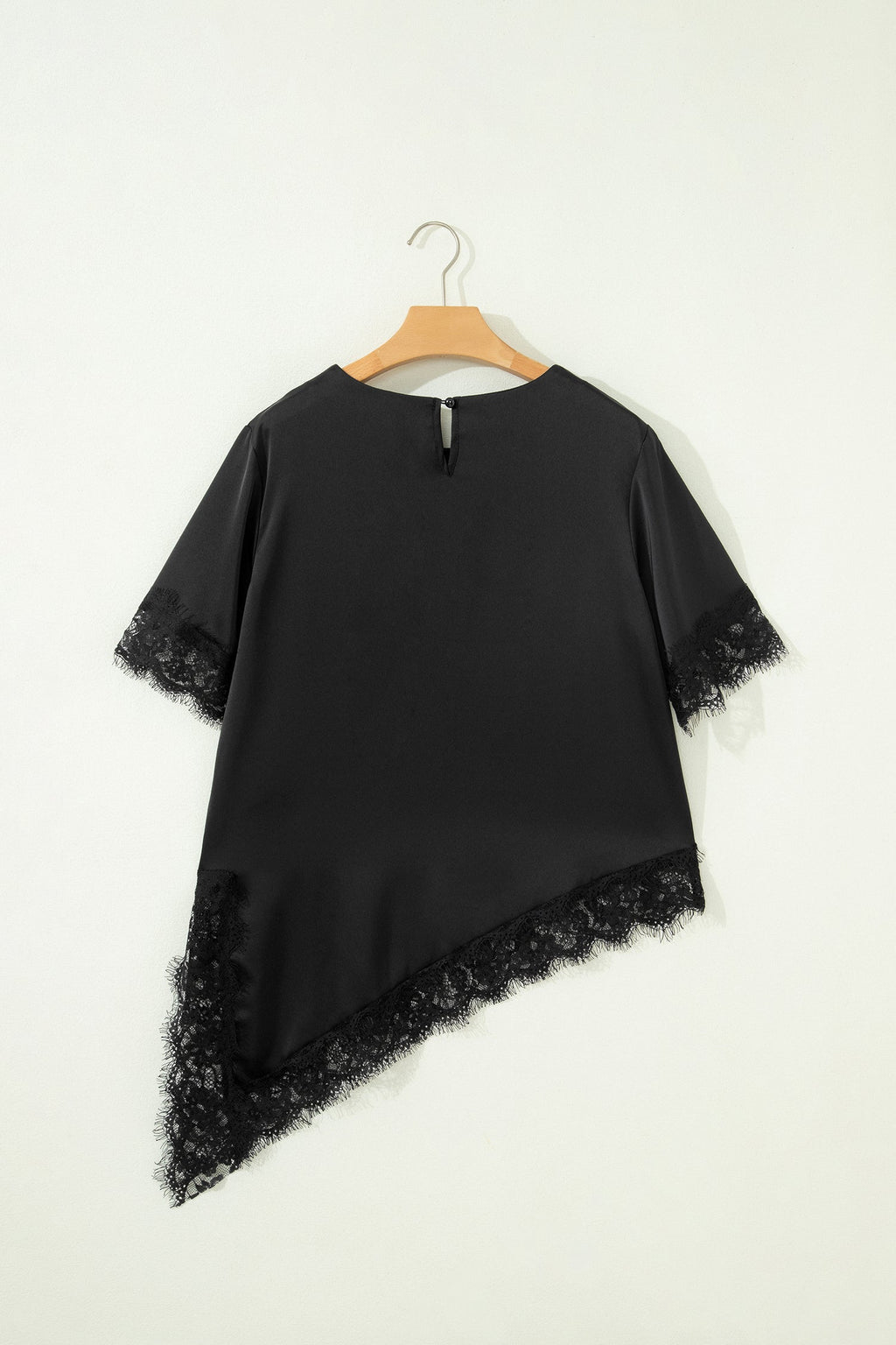Asymmetric Lace Trim Satin Short Sleeve Top