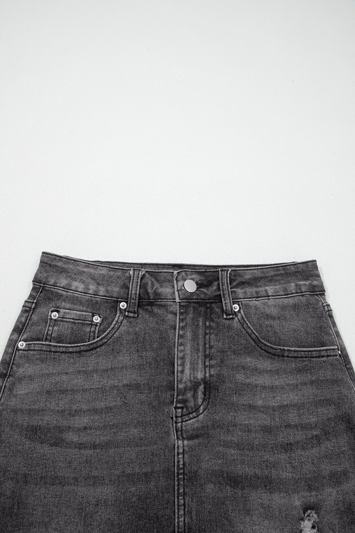 Denim Asymmetrical Distressed Midi Skirt