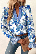 Floral Stripe Patchwork V-Neck Flounce Sleeve Blouse