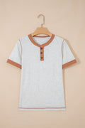 Colorblock Raw Seam Buttoned Henley Tee