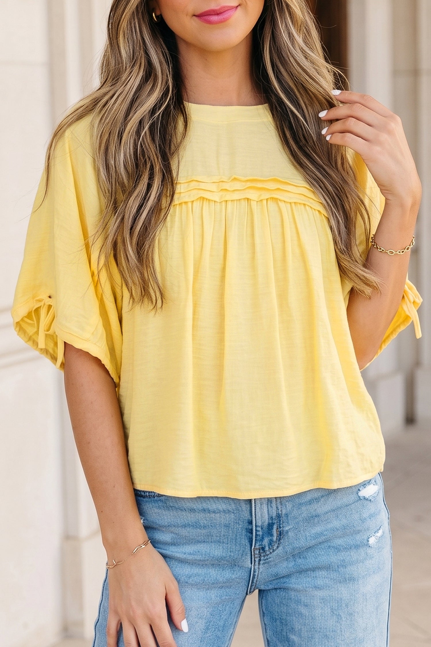 Solid Pleated Tie Sleeve Babydoll Blouse