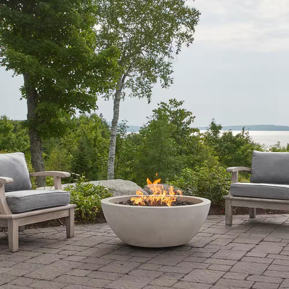 38” Round Concrete Propane Fire Pit – Outdoor Patio Fire Bowl with Cover