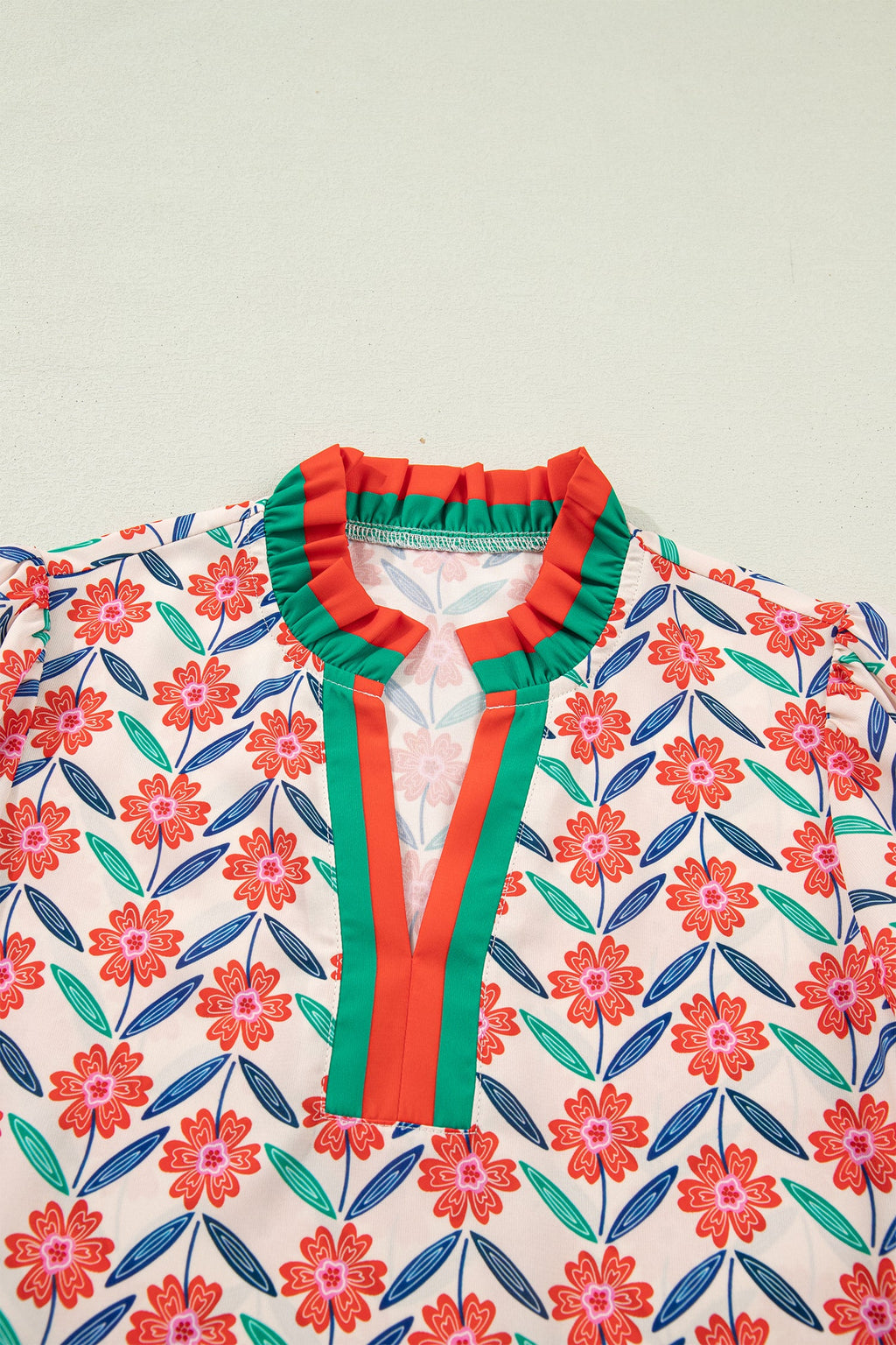 Floral Stripe Detail V-Neck Ruffle Sleeve Blouse