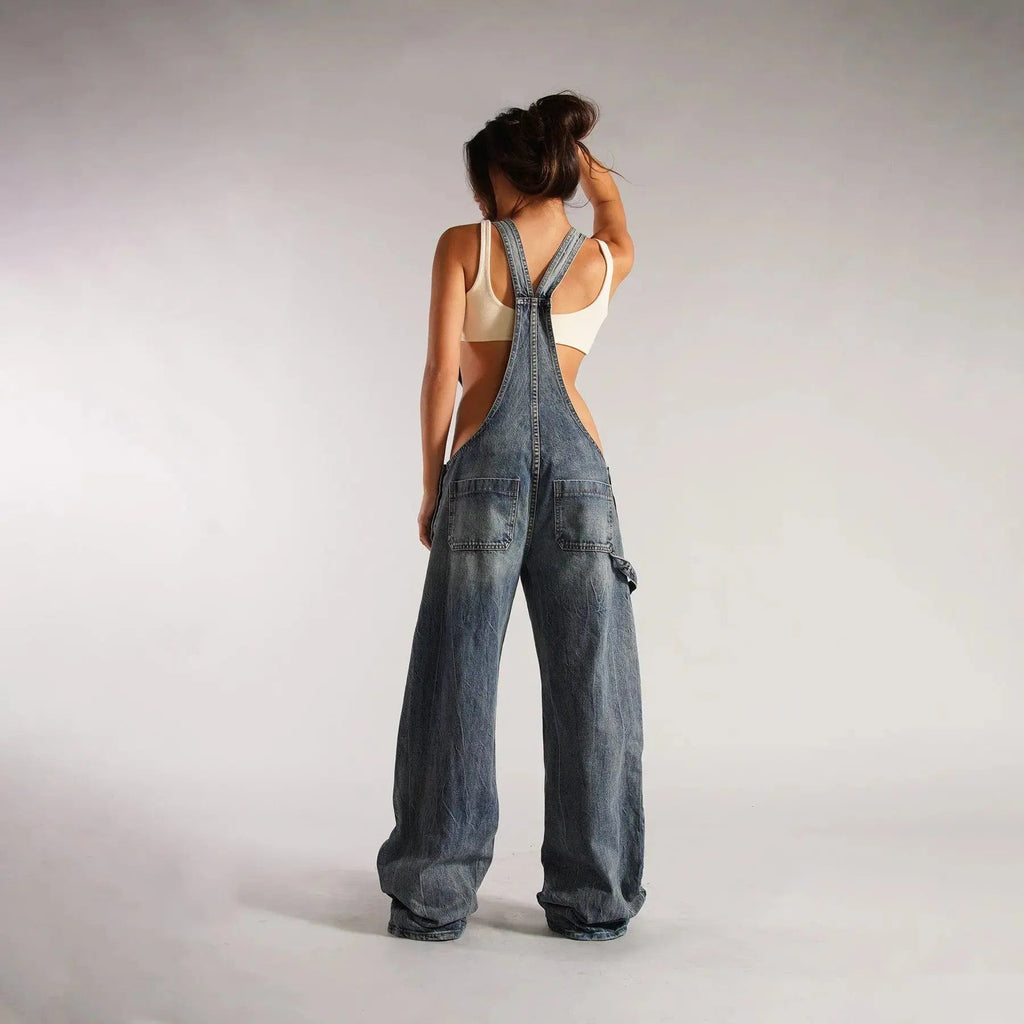 Y2K Denim Overalls Women – Zip Front Loose Fit Pocket Jumpsuit