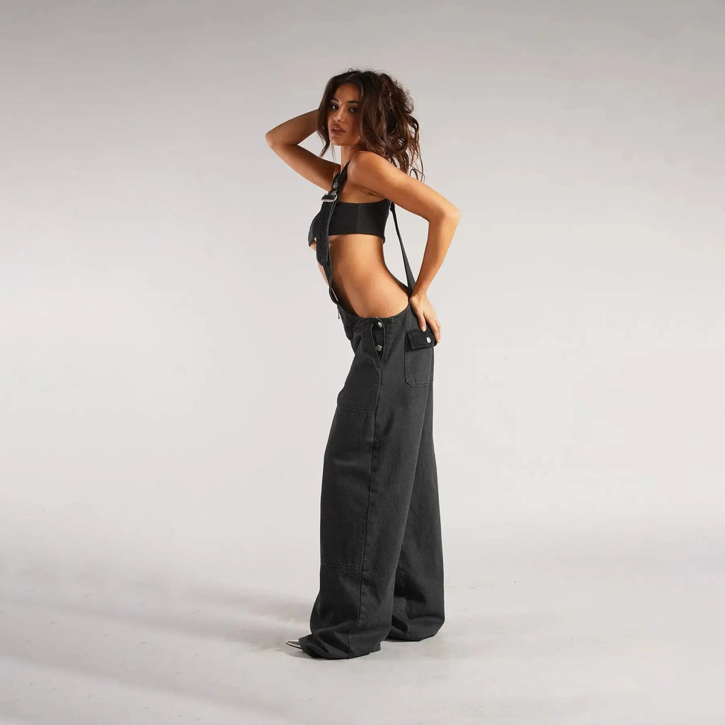 Y2K Denim Overalls Women – Zip Front Loose Fit Pocket Jumpsuit