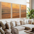 Golden Horizon Sunset Triptych – Warm Ocean View Wall Art