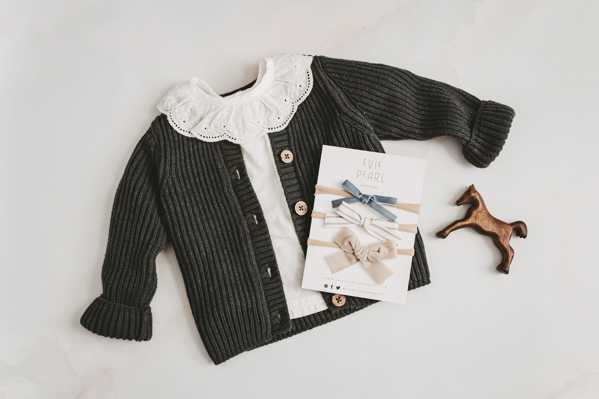 Newborn Baby Trio Headband Set- blue velvet, gray stripe and tan velvet
