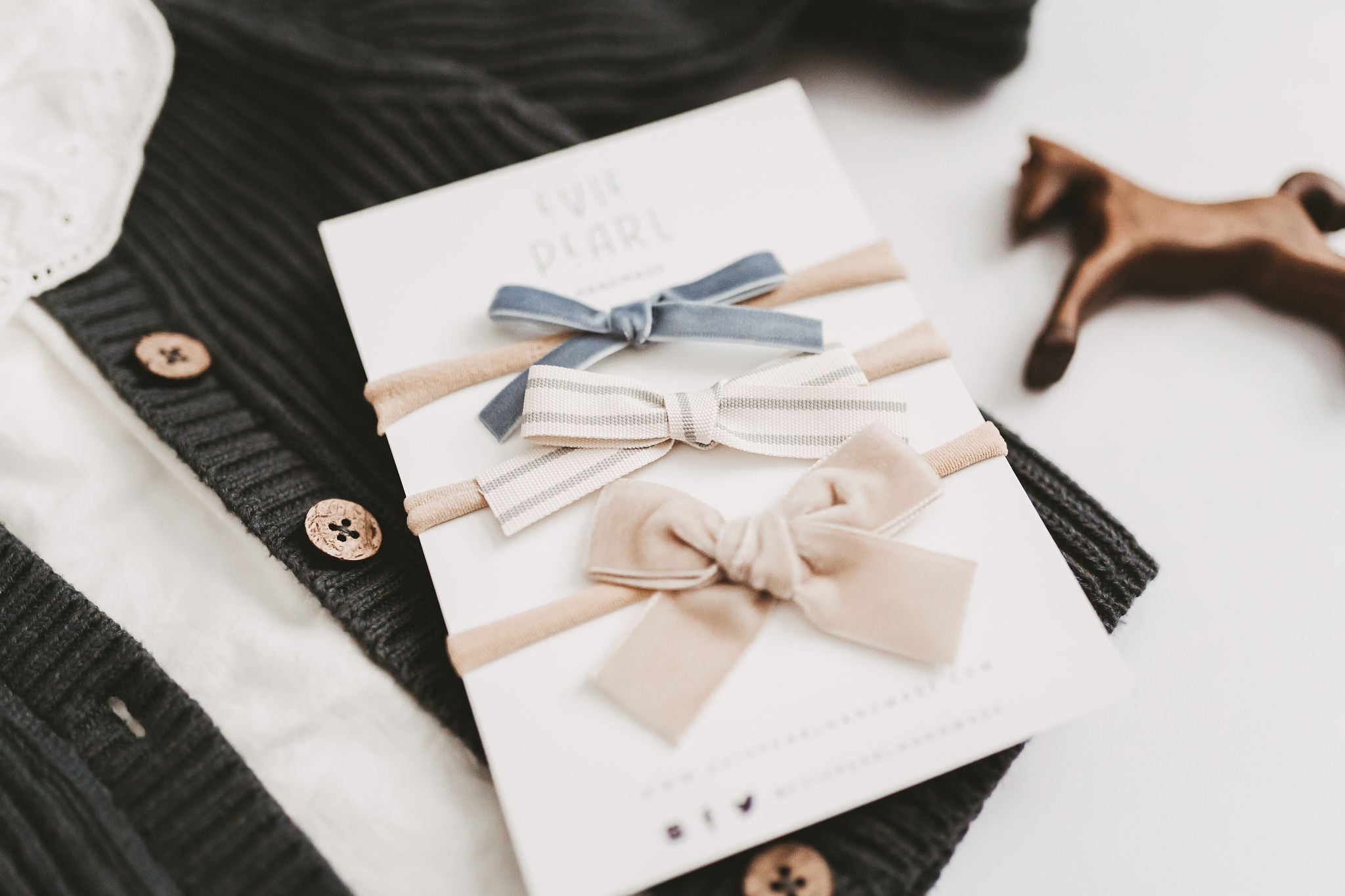 Newborn Baby Trio Headband Set- blue velvet, gray stripe and tan velvet