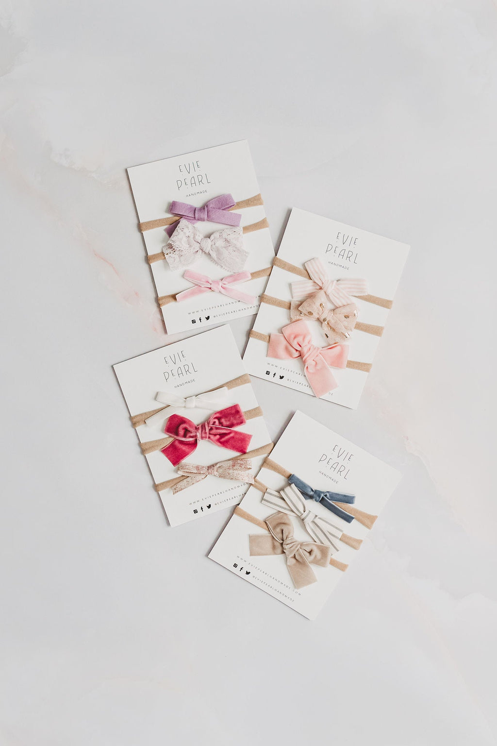 Newborn Baby Trio Headband Set- blue velvet, gray stripe and tan velvet