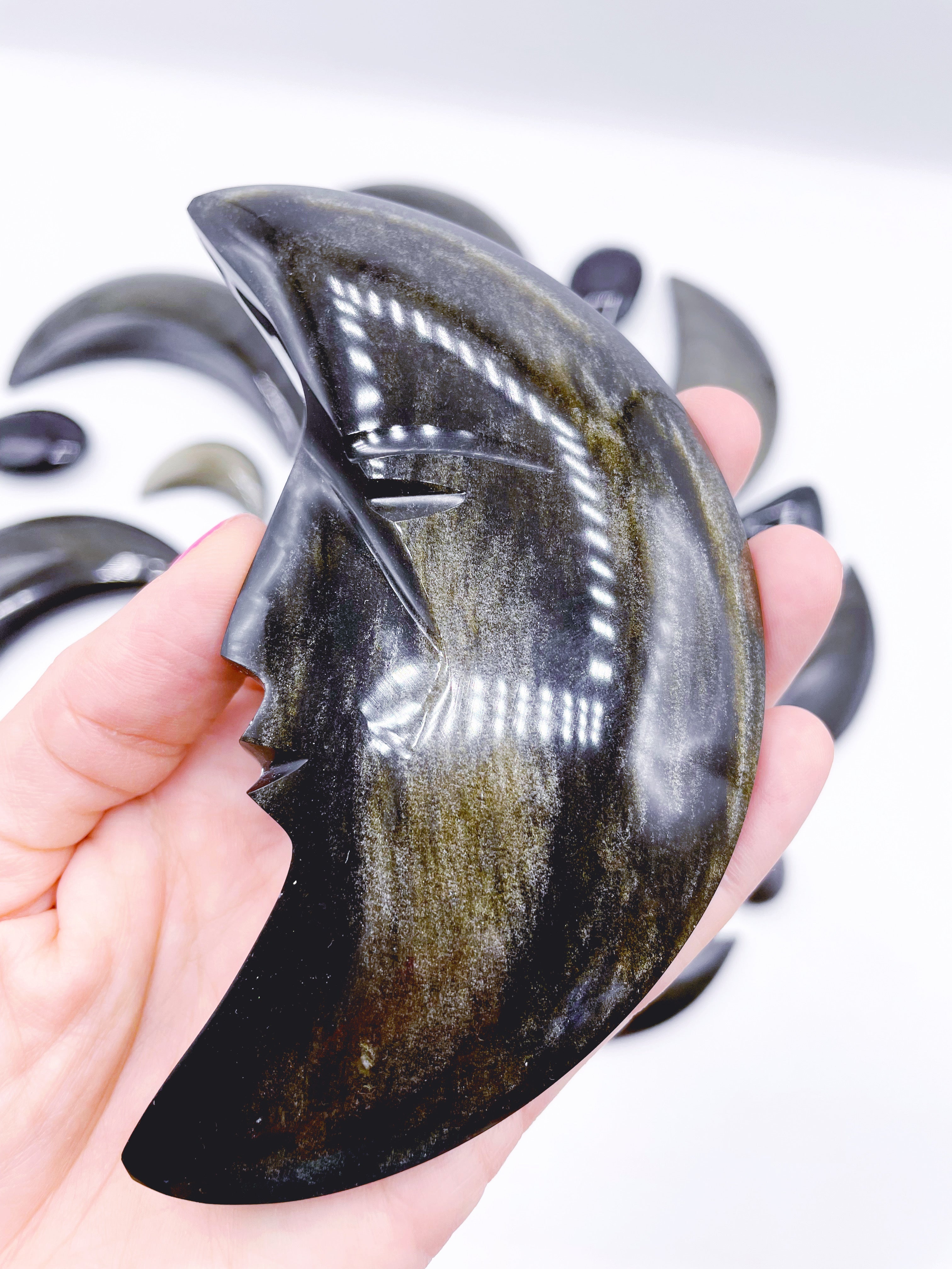 Gold Sheen Obsidian Moon w/ Carved Face