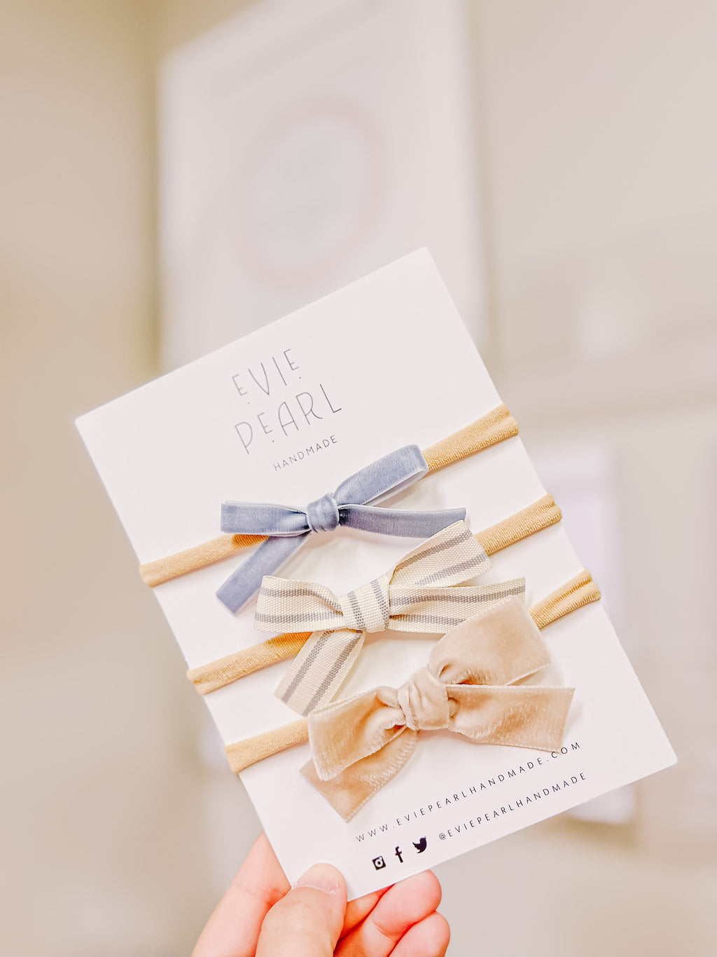 Newborn Baby Trio Headband Set- blue velvet, gray stripe and tan velvet