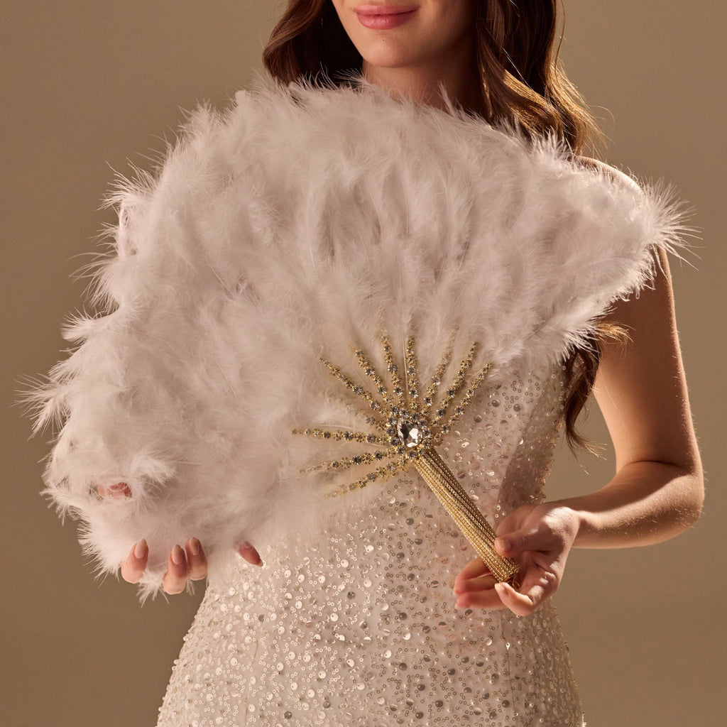 Elegant Feather Fan – Handcrafted Gold & Rhinestone Trim, Unique Luxury Fan