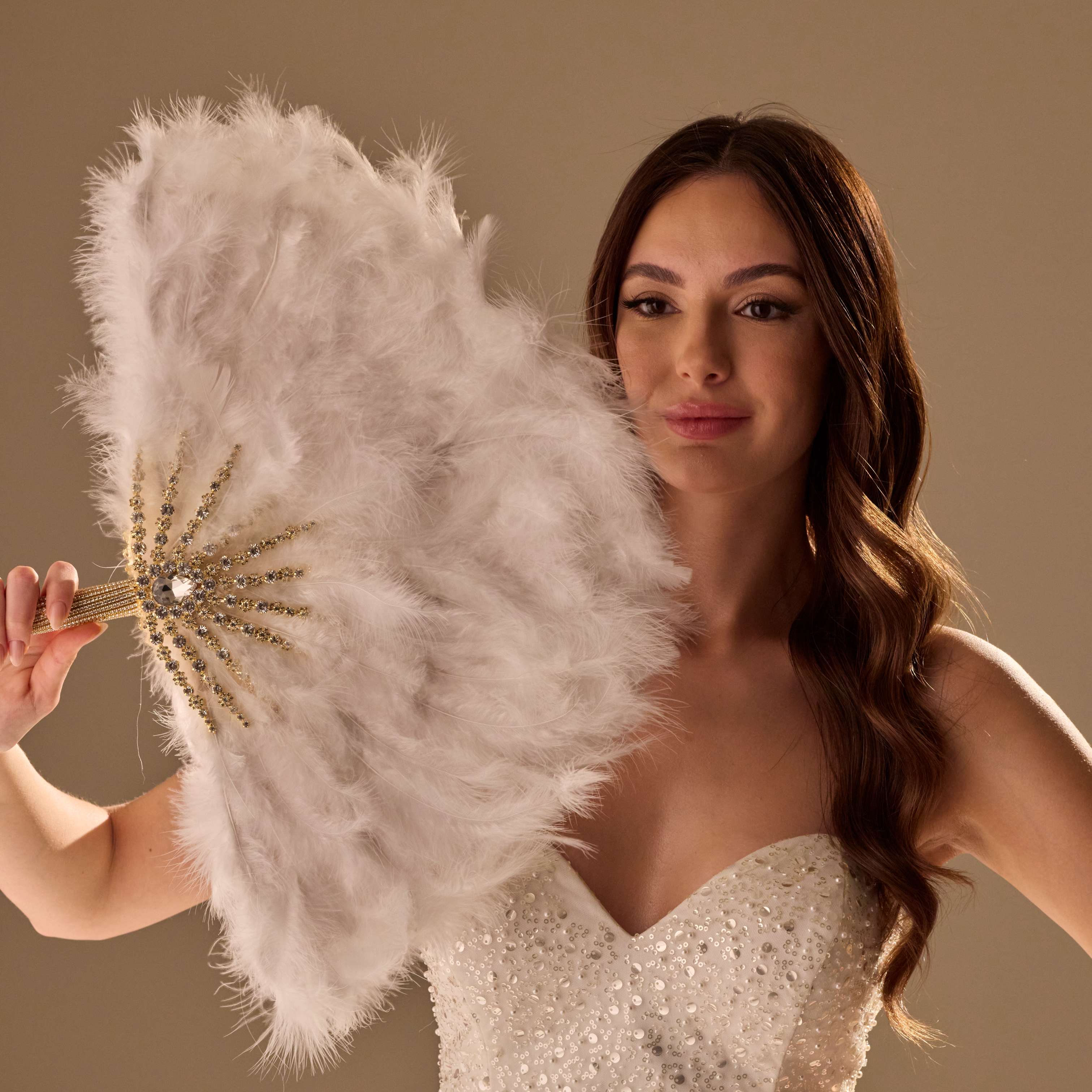 Elegant Feather Fan – Handcrafted Gold & Rhinestone Trim, Unique Luxury Fan