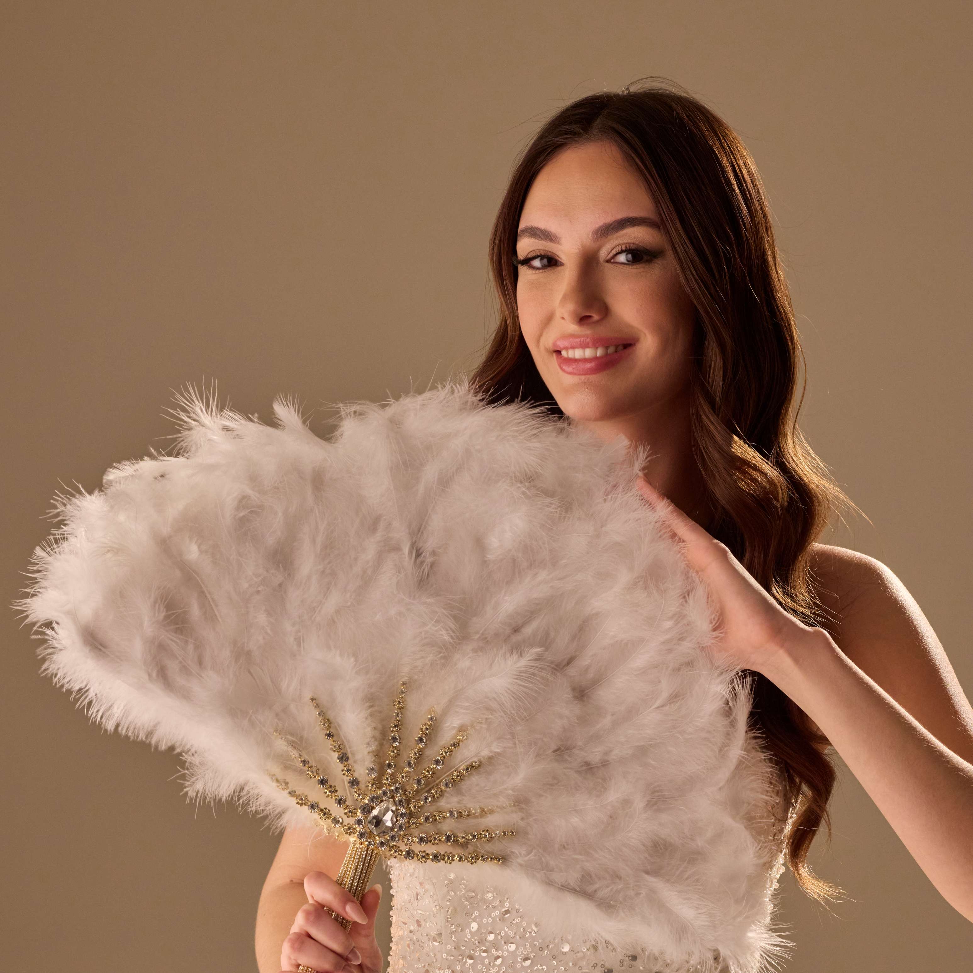 Elegant Feather Fan – Handcrafted Gold & Rhinestone Trim, Unique Luxury Fan