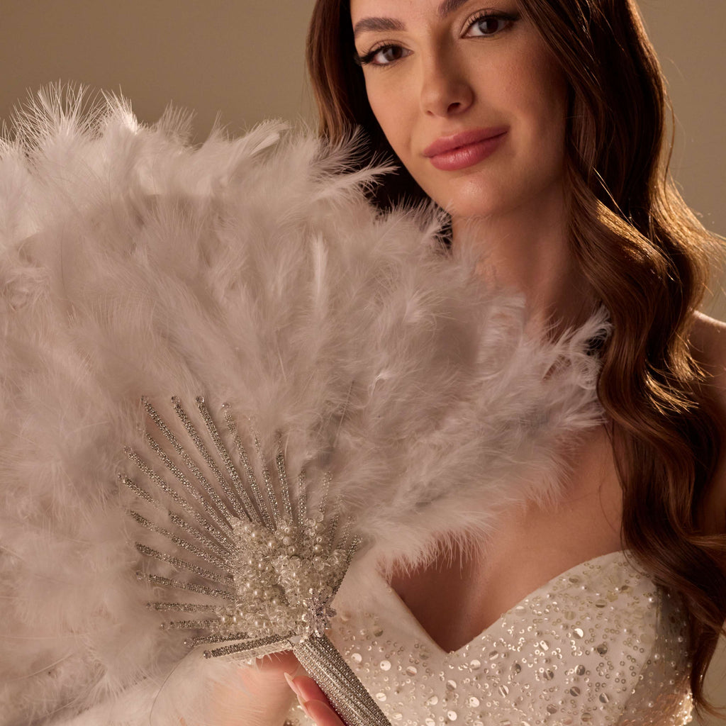 Luxury Feather Fan – Handcrafted with Silver & Pearl Trim, Elegant Unique Fan