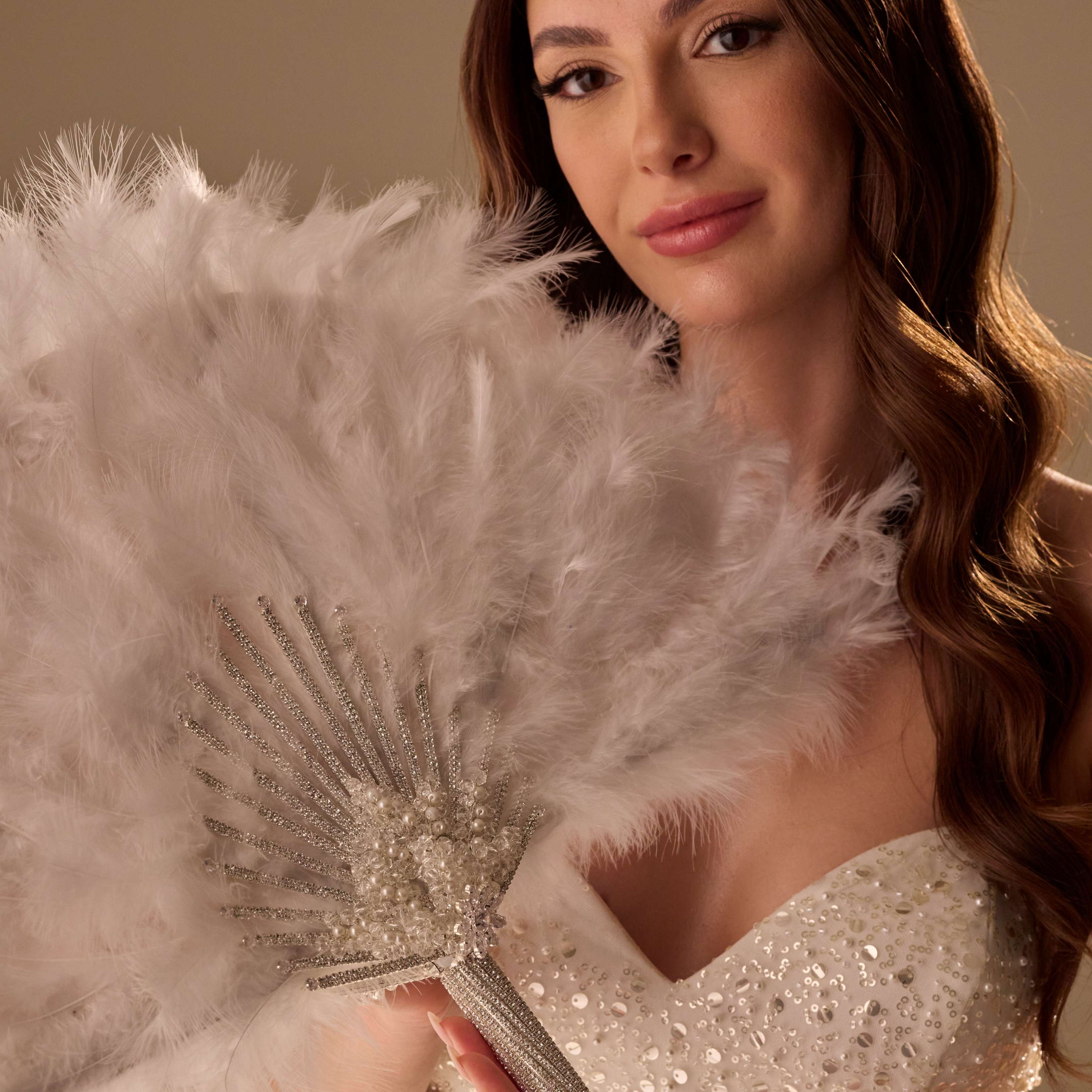 Luxury Feather Fan – Handcrafted with Silver & Pearl Trim, Elegant Unique Fan