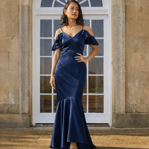 Chi Chi London Satin Cami Strap Ruffle Bodycon Dress in Navy Blue