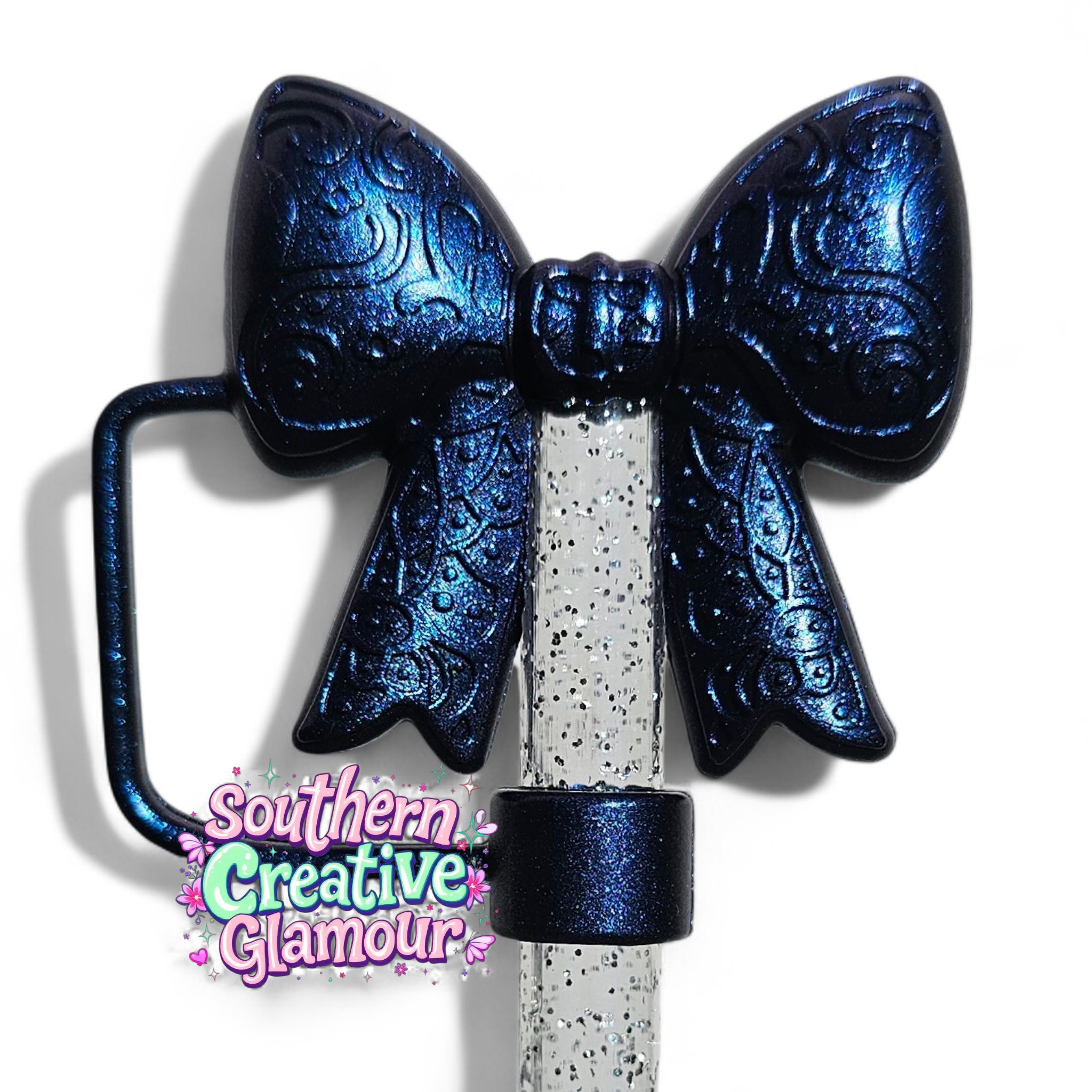 Paisley Princess 3D Bow Silicone 10mm Straw Topper | Metallic Blue Shimmer