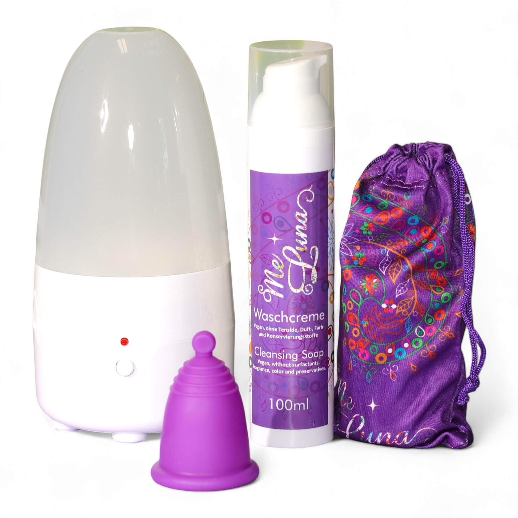 Menstrual Cup Beginner Kit with Steamer - PURPLE Cup - Ring, Ball or Stem