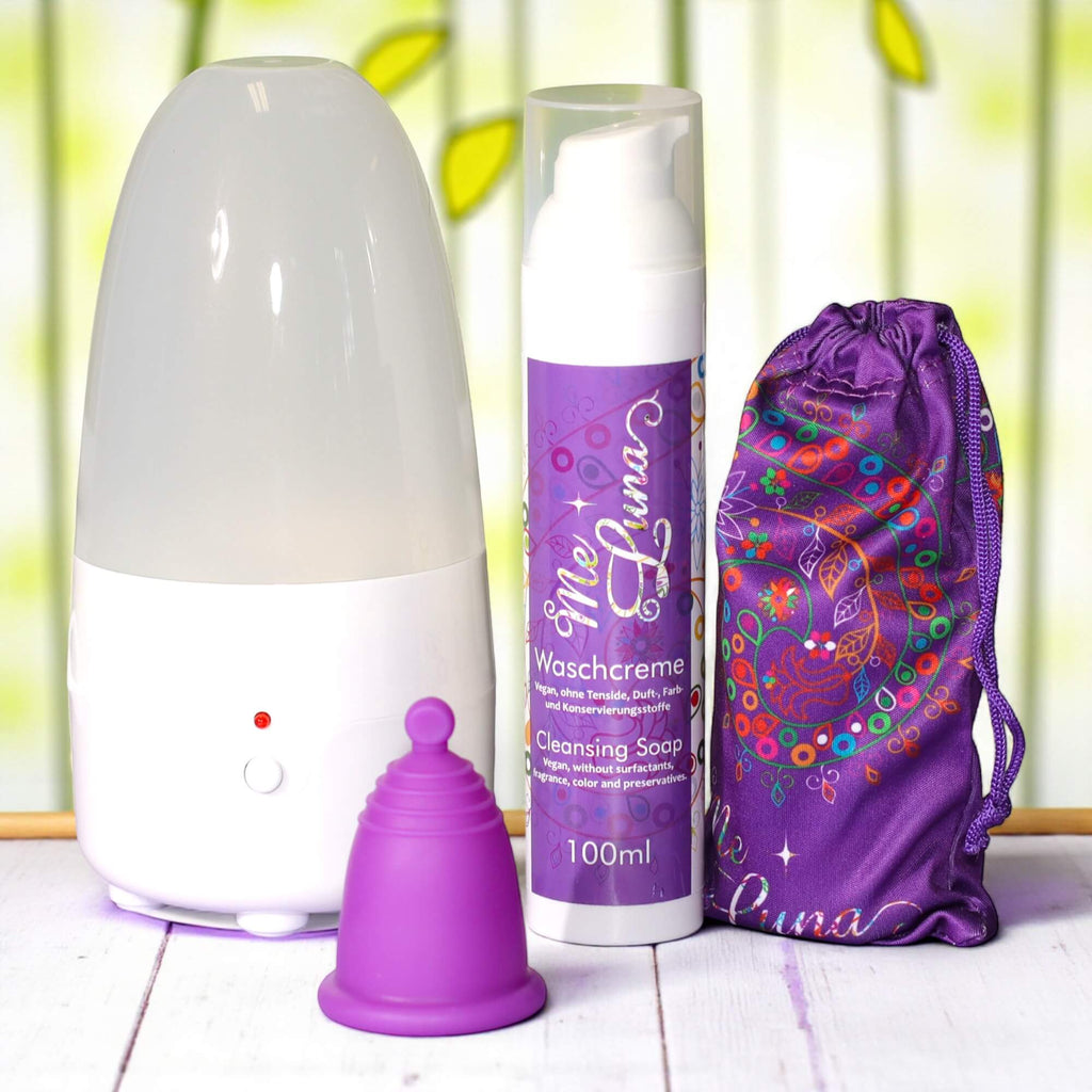Menstrual Cup Beginner Kit with Steamer - PURPLE Cup - Ring, Ball or Stem