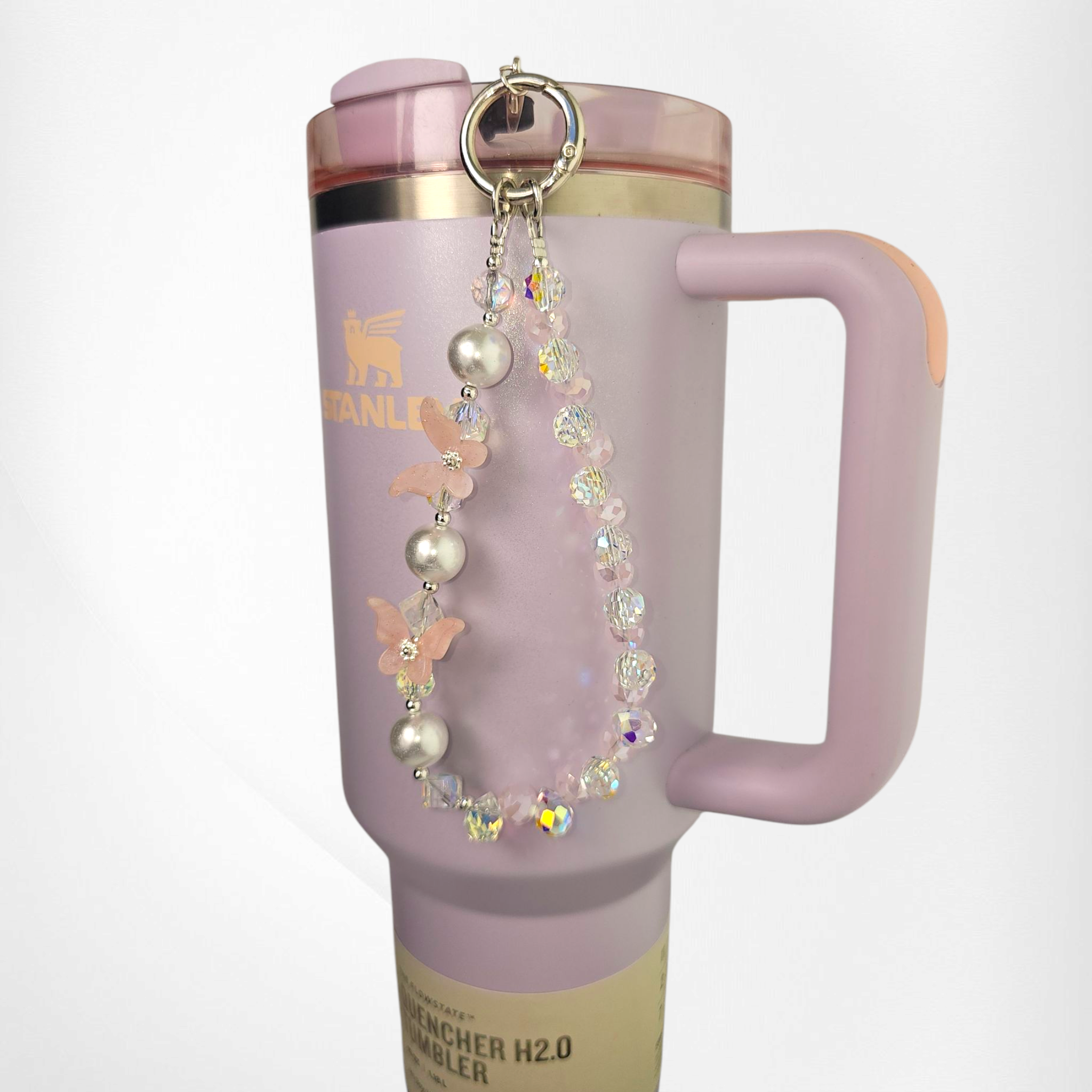Crystal Beaded Butterfly Tumbler Charm Bracelet  - Pink