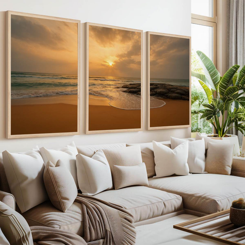 Seaside Sunset Triptych – Warm Coastal Wall Art in Golden Tones
