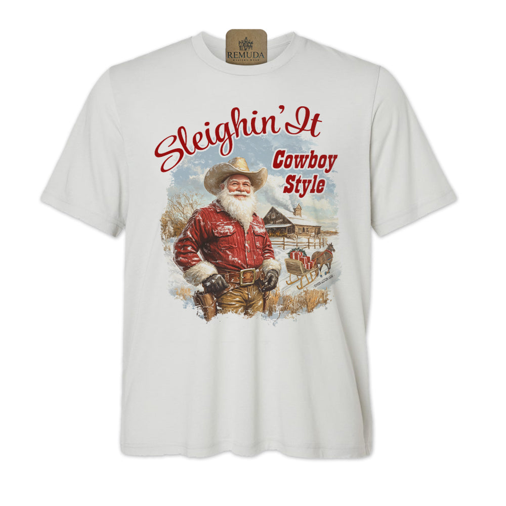 Sleighin It Cowboy Style - Adult Unisex Christmas Western Santa Tee T-Shirt