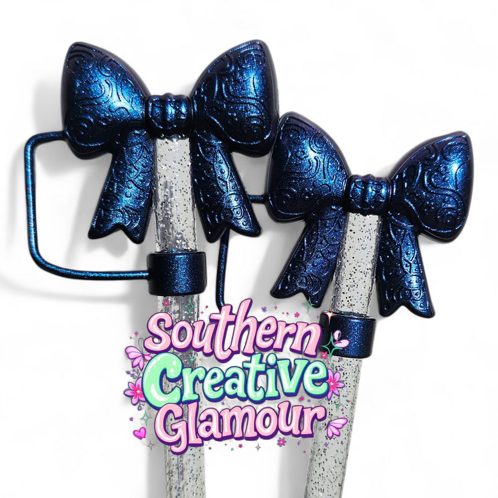 Paisley Princess 3D Bow Silicone 10mm Straw Topper | Metallic Blue Shimmer