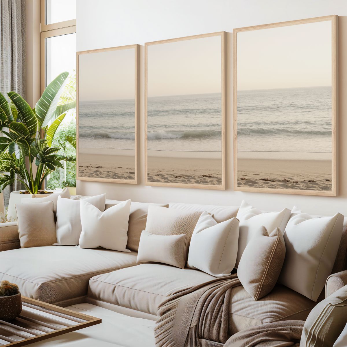 Sunny Evening Beach Triptych with Warm Daylight Colors