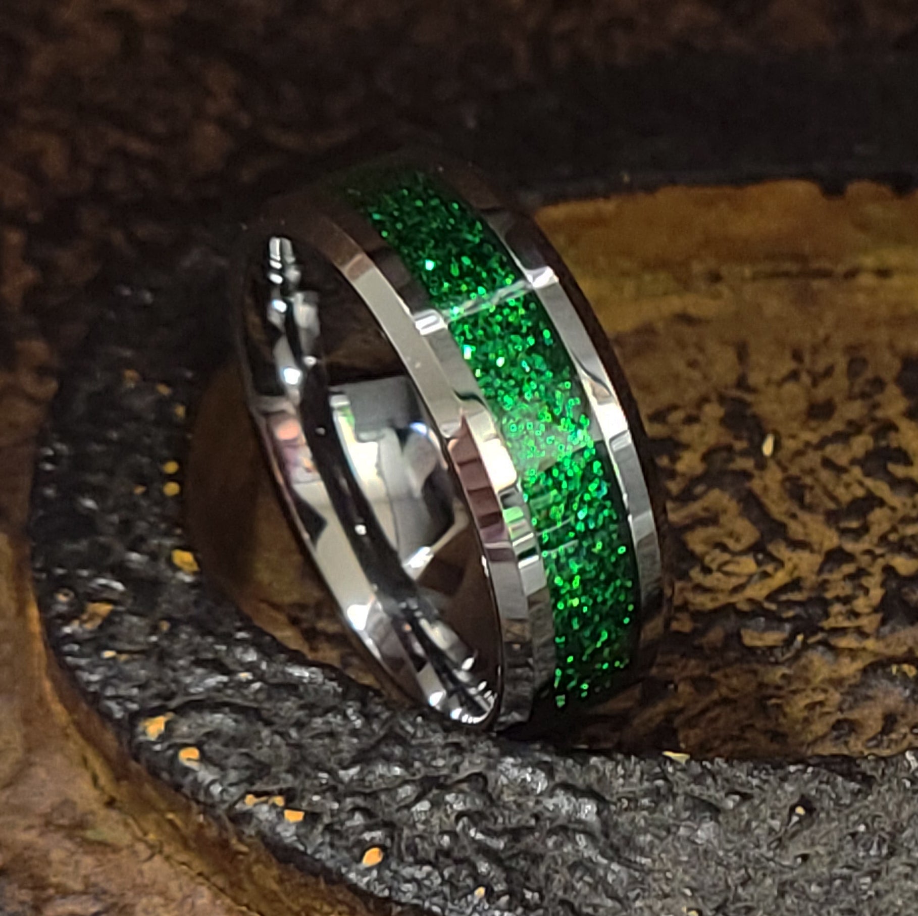 Personalized Men's Green Emerald Galaxy Tungsten Wedding Ring Band