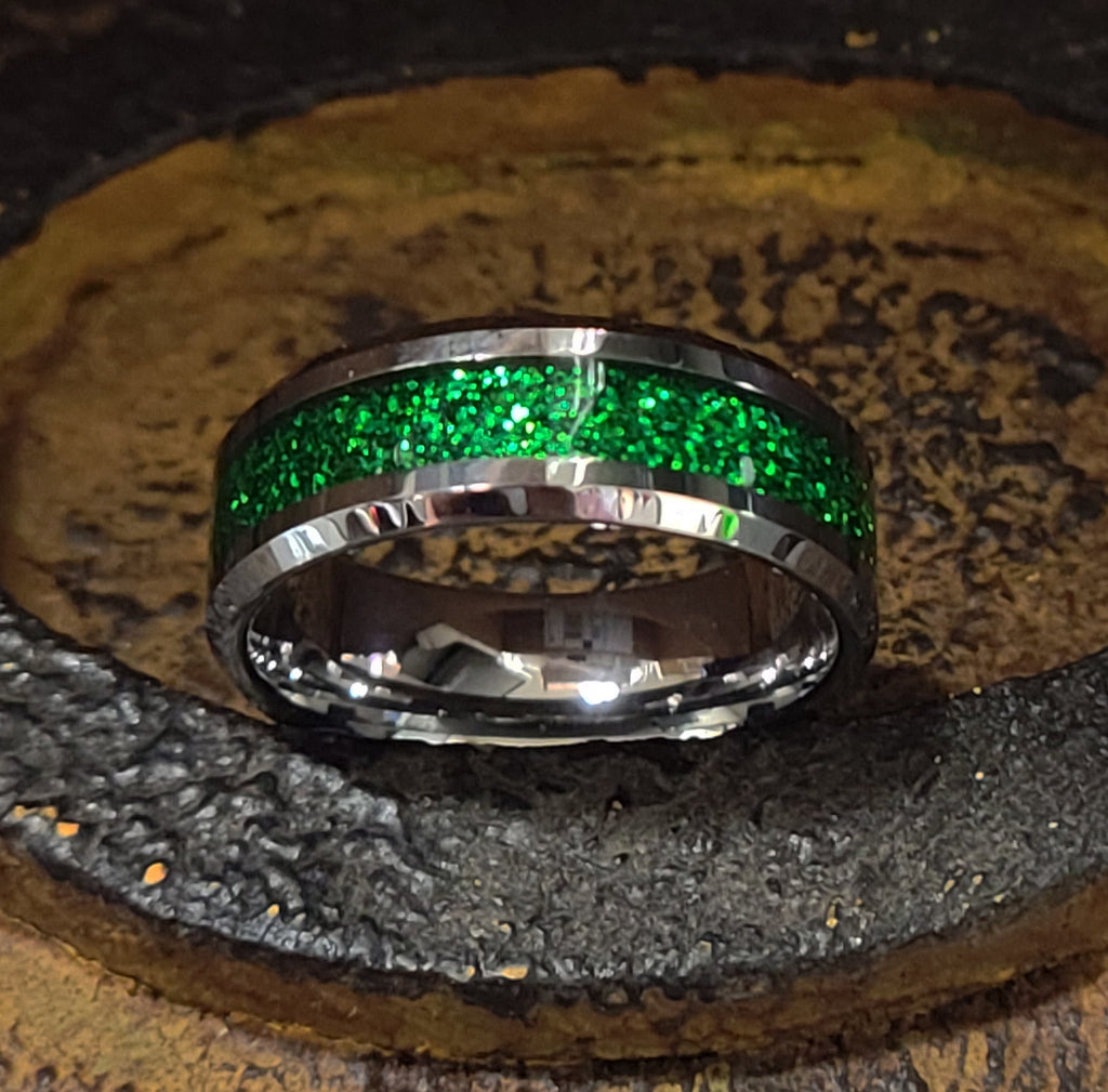 Personalized Men's Green Emerald Galaxy Tungsten Wedding Ring Band
