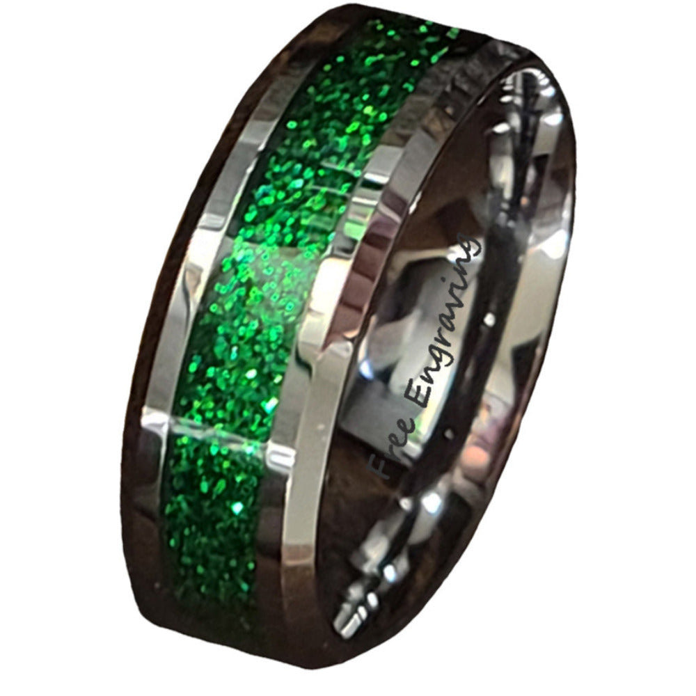 Personalized Men's Green Emerald Galaxy Tungsten Promise Ring