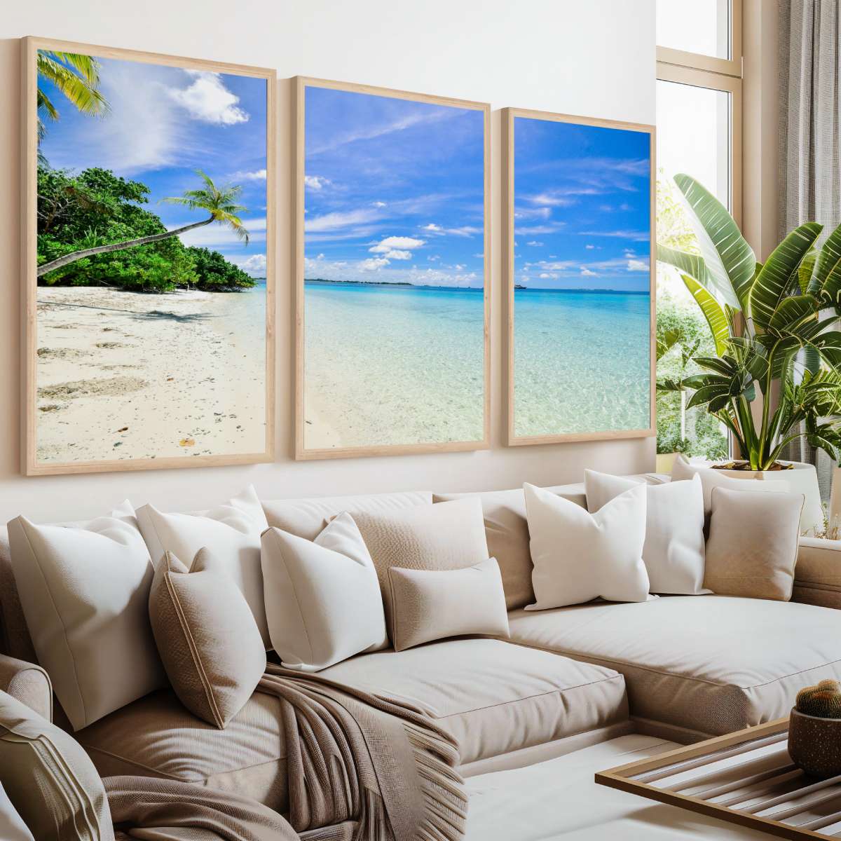Tropical Coastal Wall Art – Clear Water and Leaning Palm