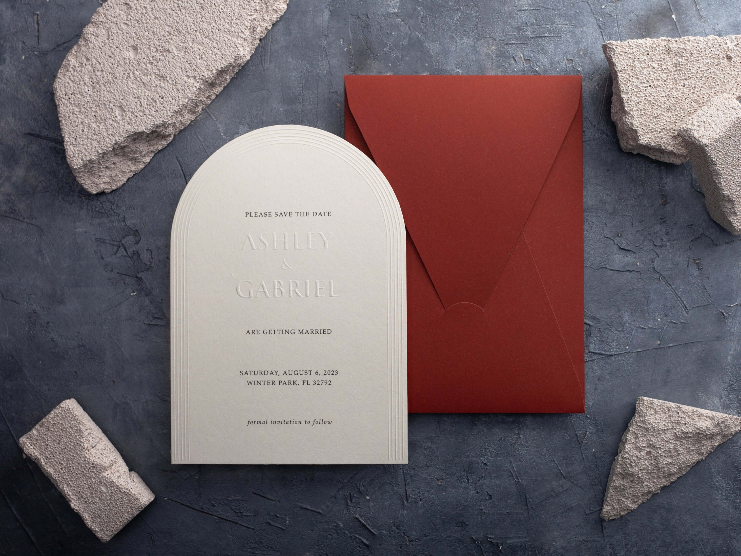 Arch Embossed Wedding Invitation with Terracotta Envelope