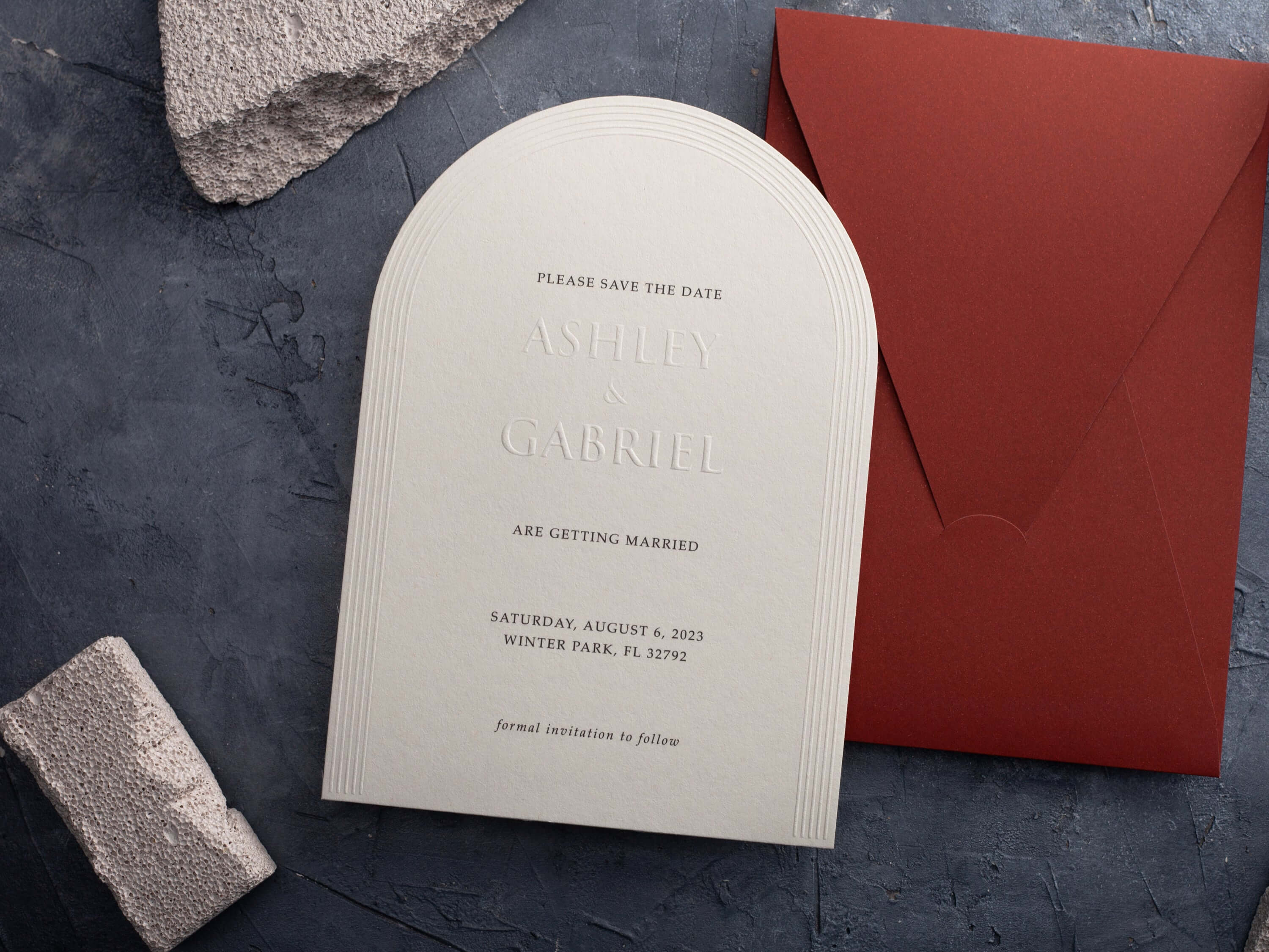 Arch Embossed Wedding Invitation with Terracotta Envelope