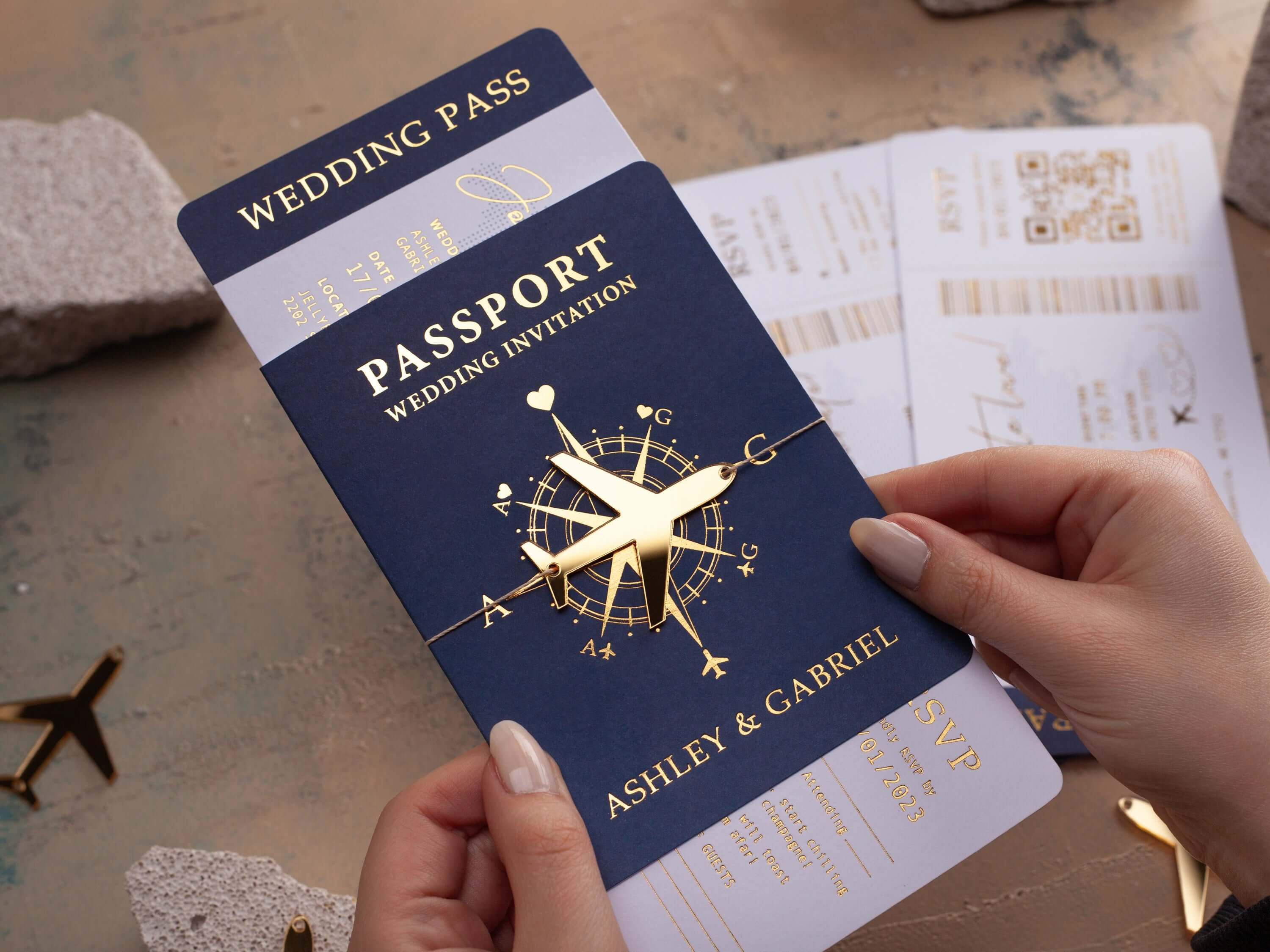 Navy Blue & Gold Passport Wedding Invitation