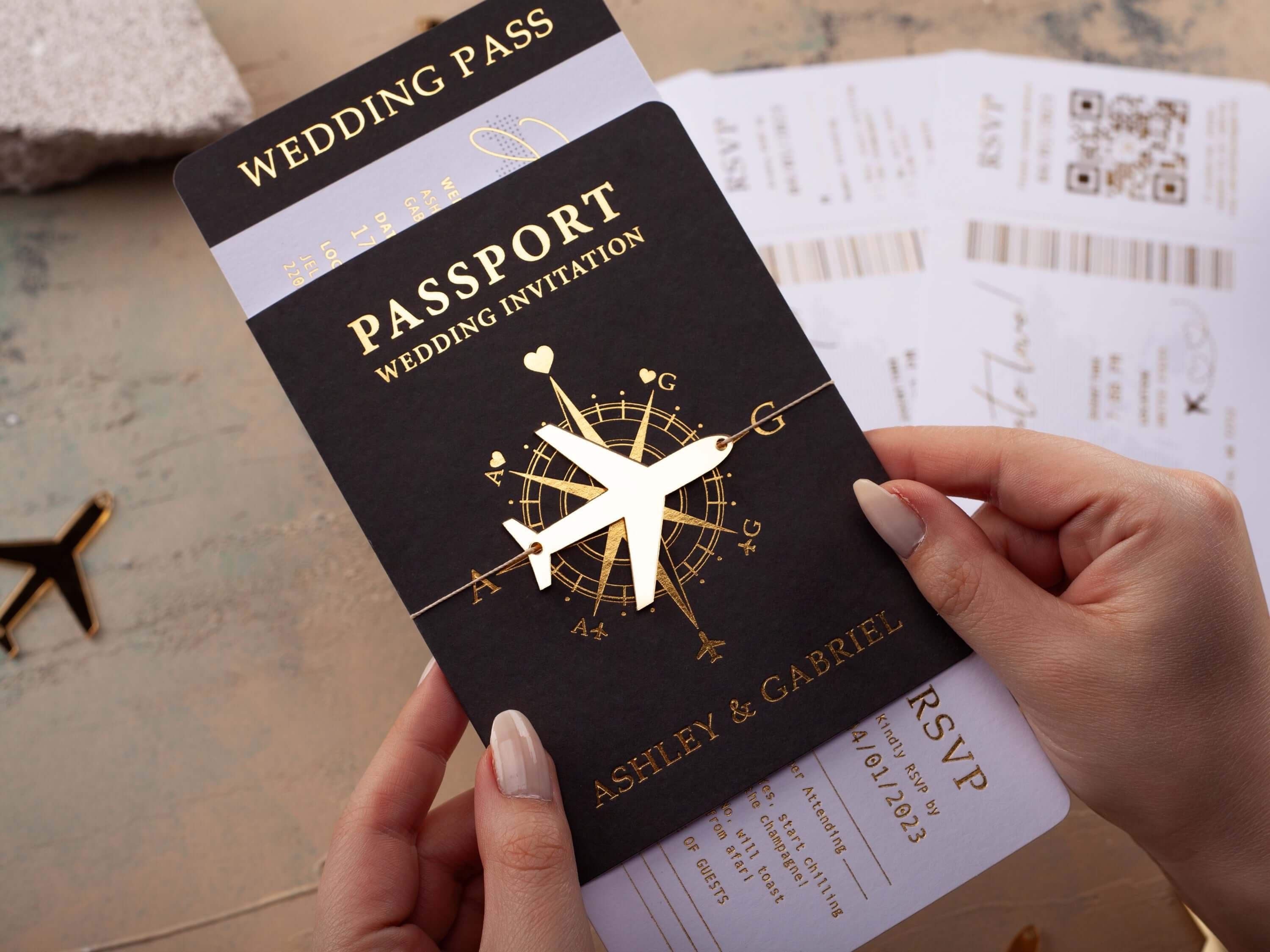 Black & Gold Passport Wedding Invitation