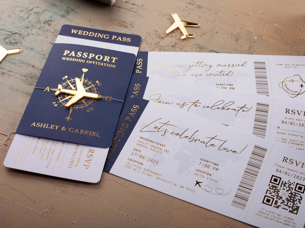 Navy Blue & Gold Passport Wedding Invitation