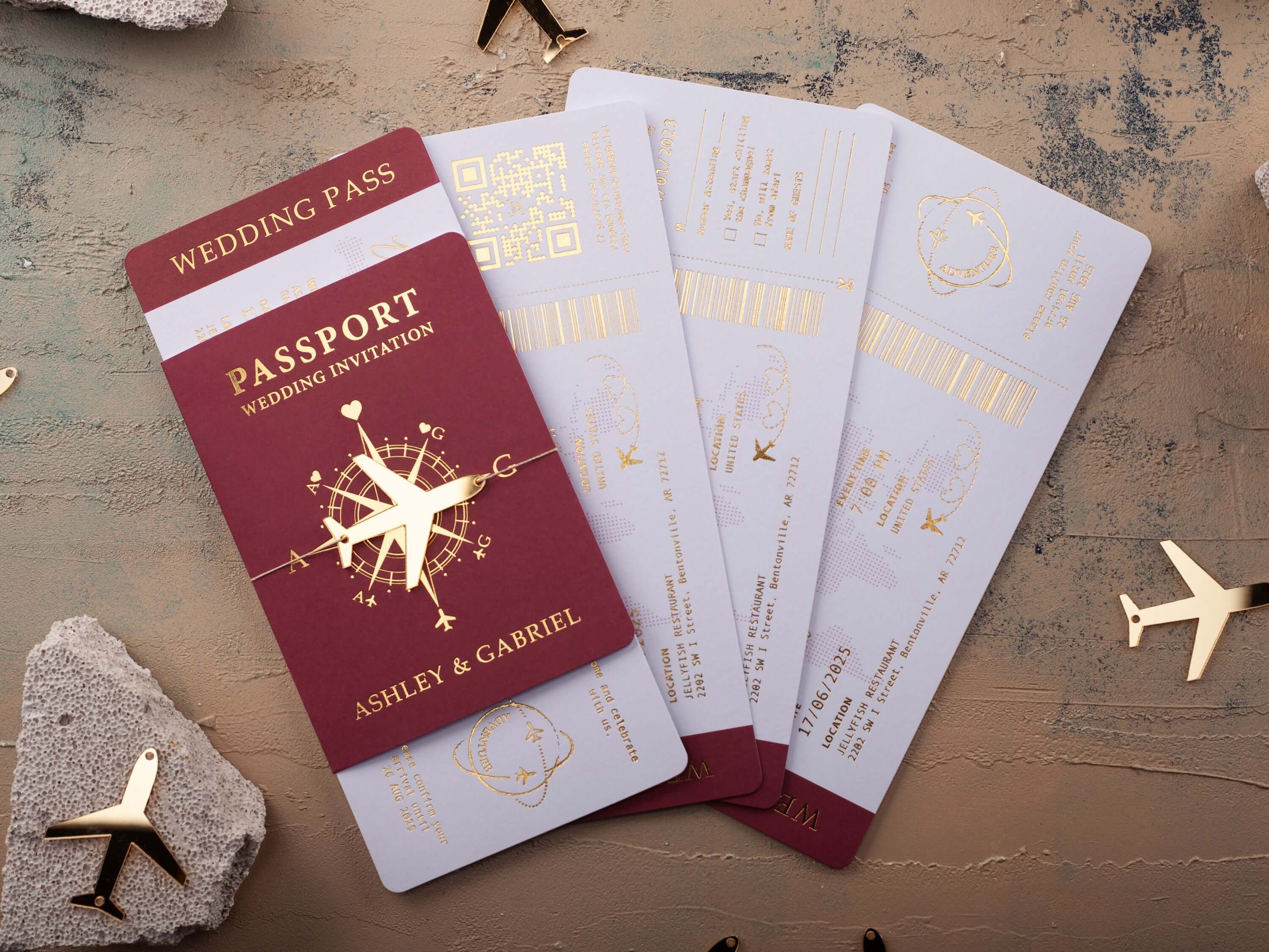 Burgundy & Rose Gold Passport Wedding Invitation