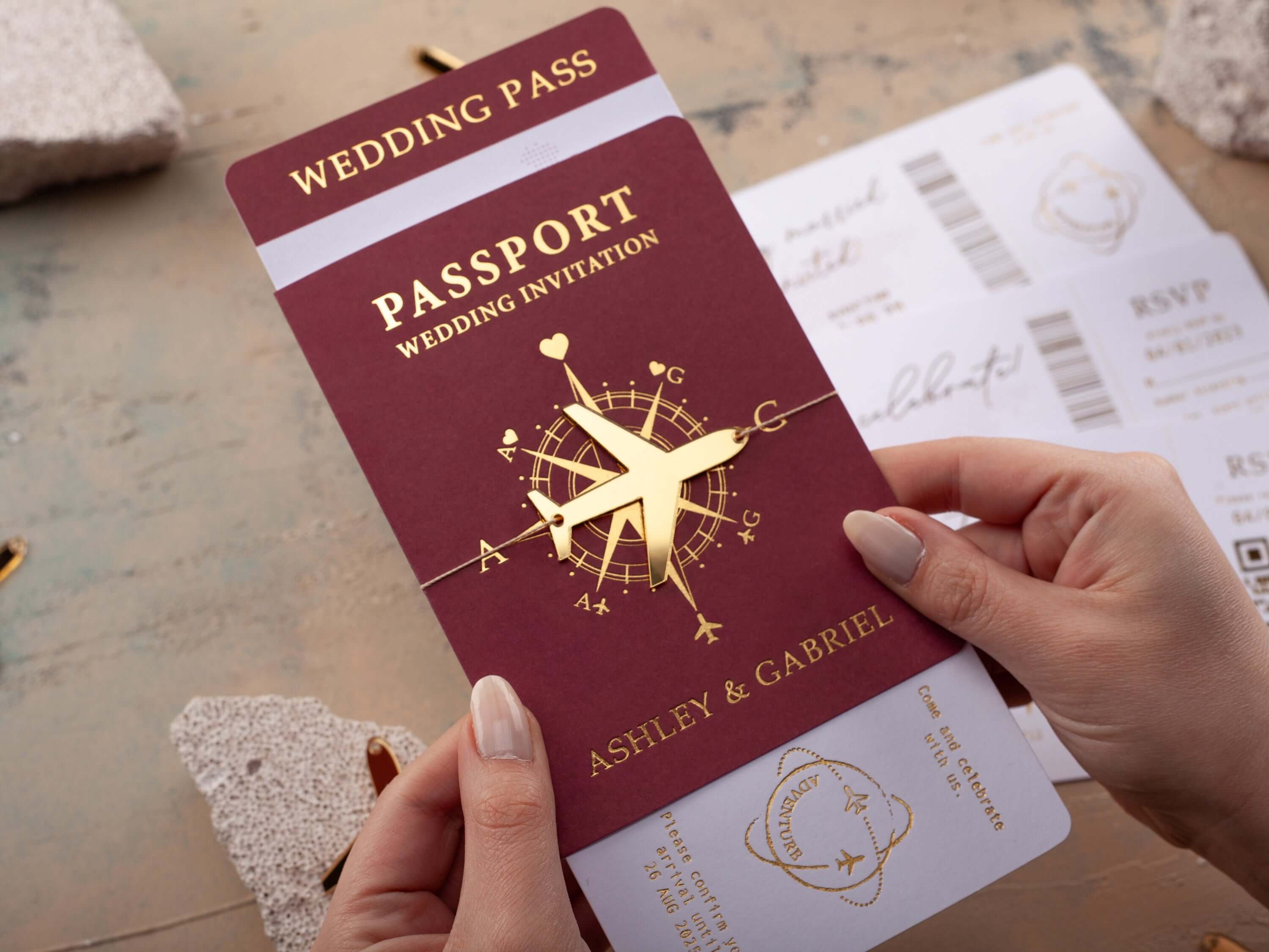Burgundy & Rose Gold Passport Wedding Invitation