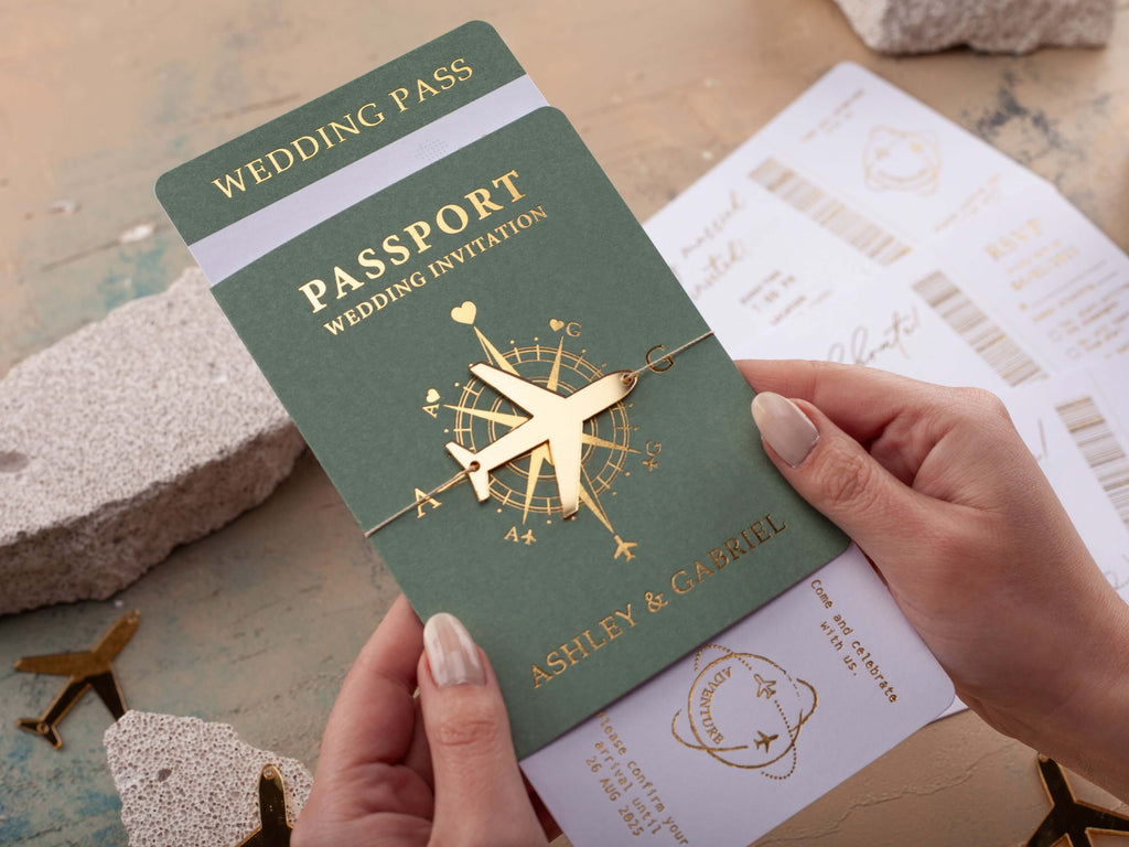 Sage Green & Gold Passport Wedding Invitation