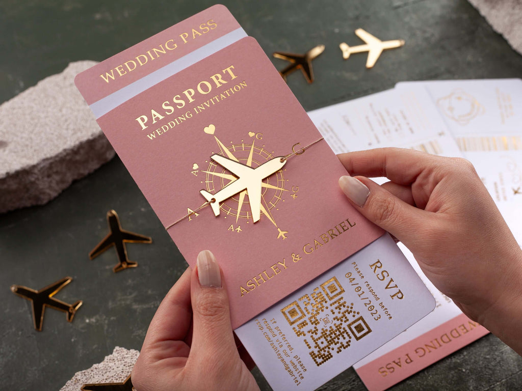 Blush Pink & Gold Passport Wedding Invitation