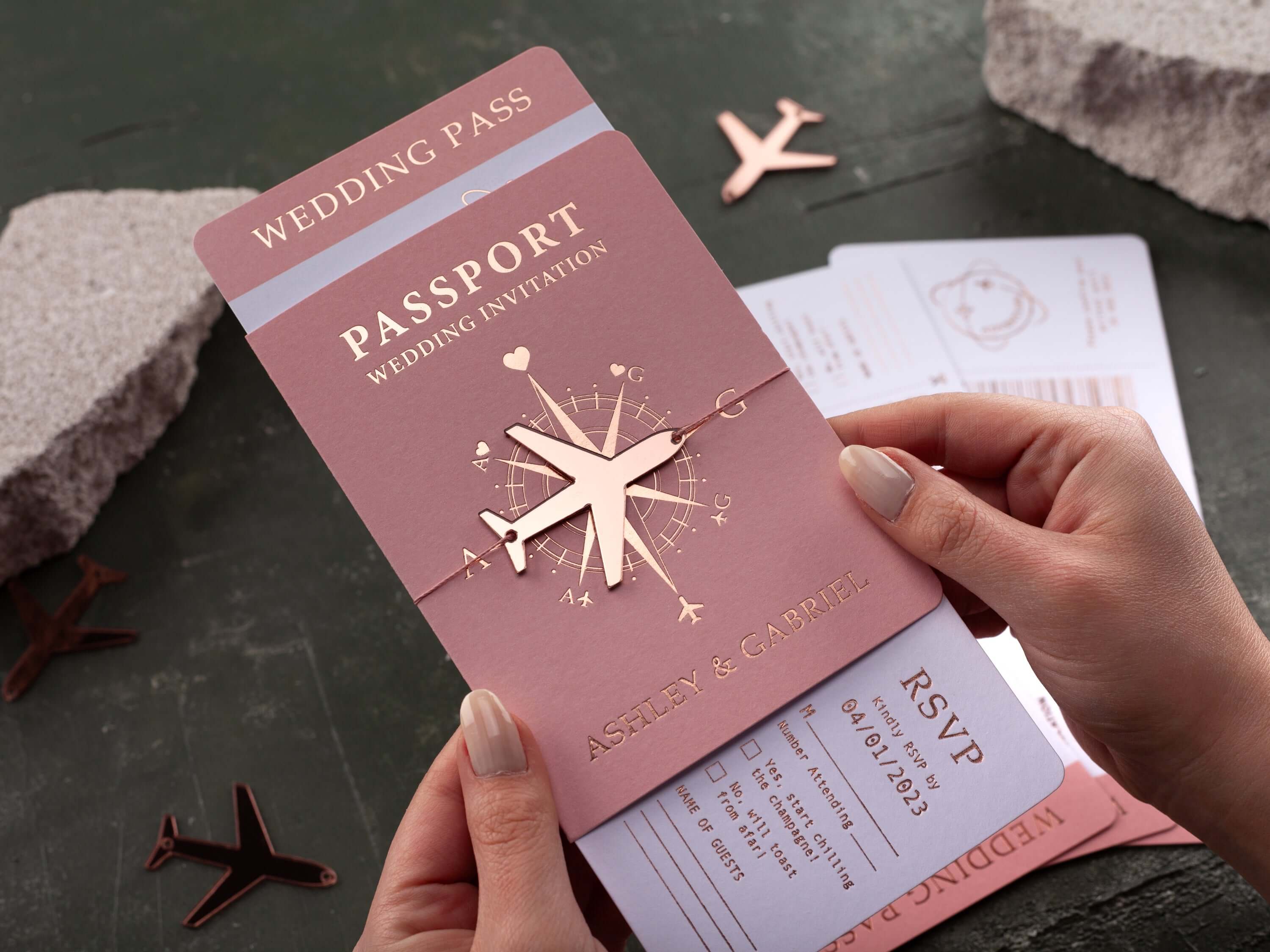 Blush Pink & Rose Gold Passport Wedding Invitation