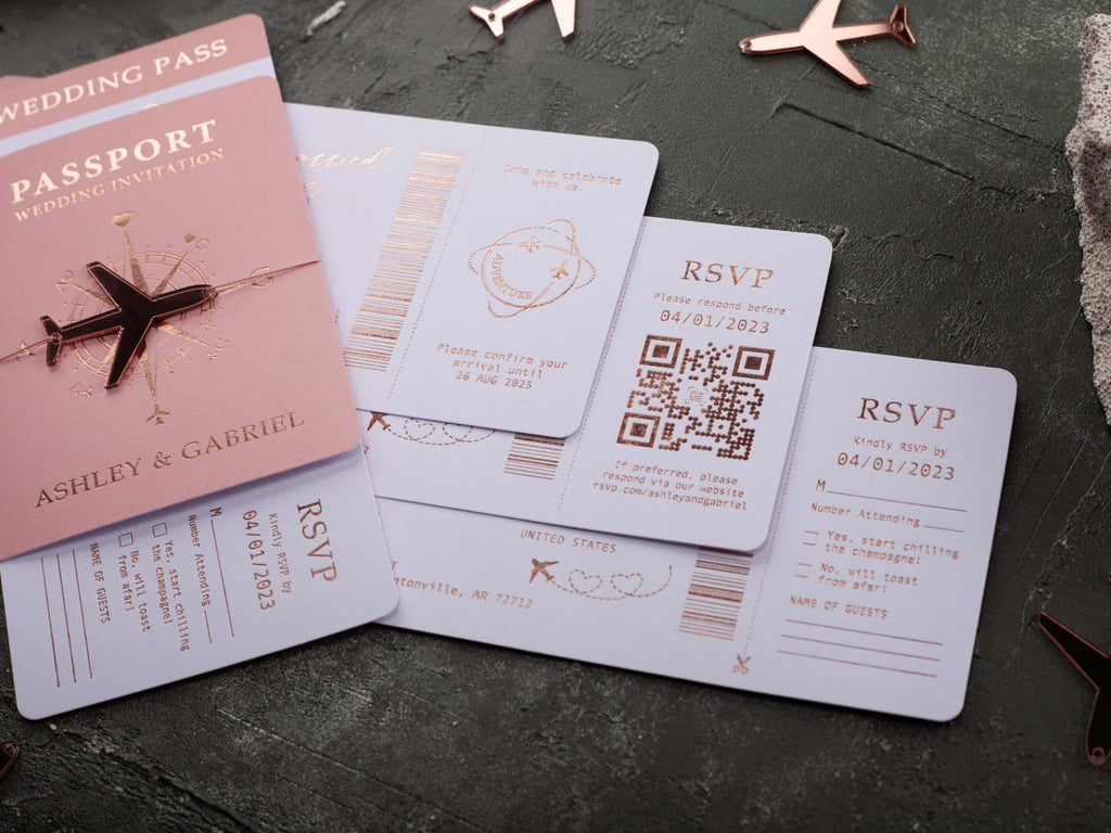 Blush Pink & Rose Gold Passport Wedding Invitation