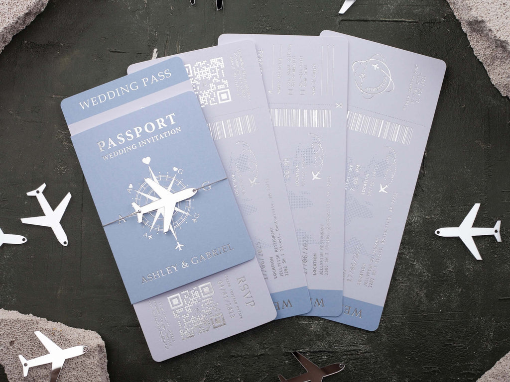 Baby Blue & Rose Gold Passport Wedding Invitation