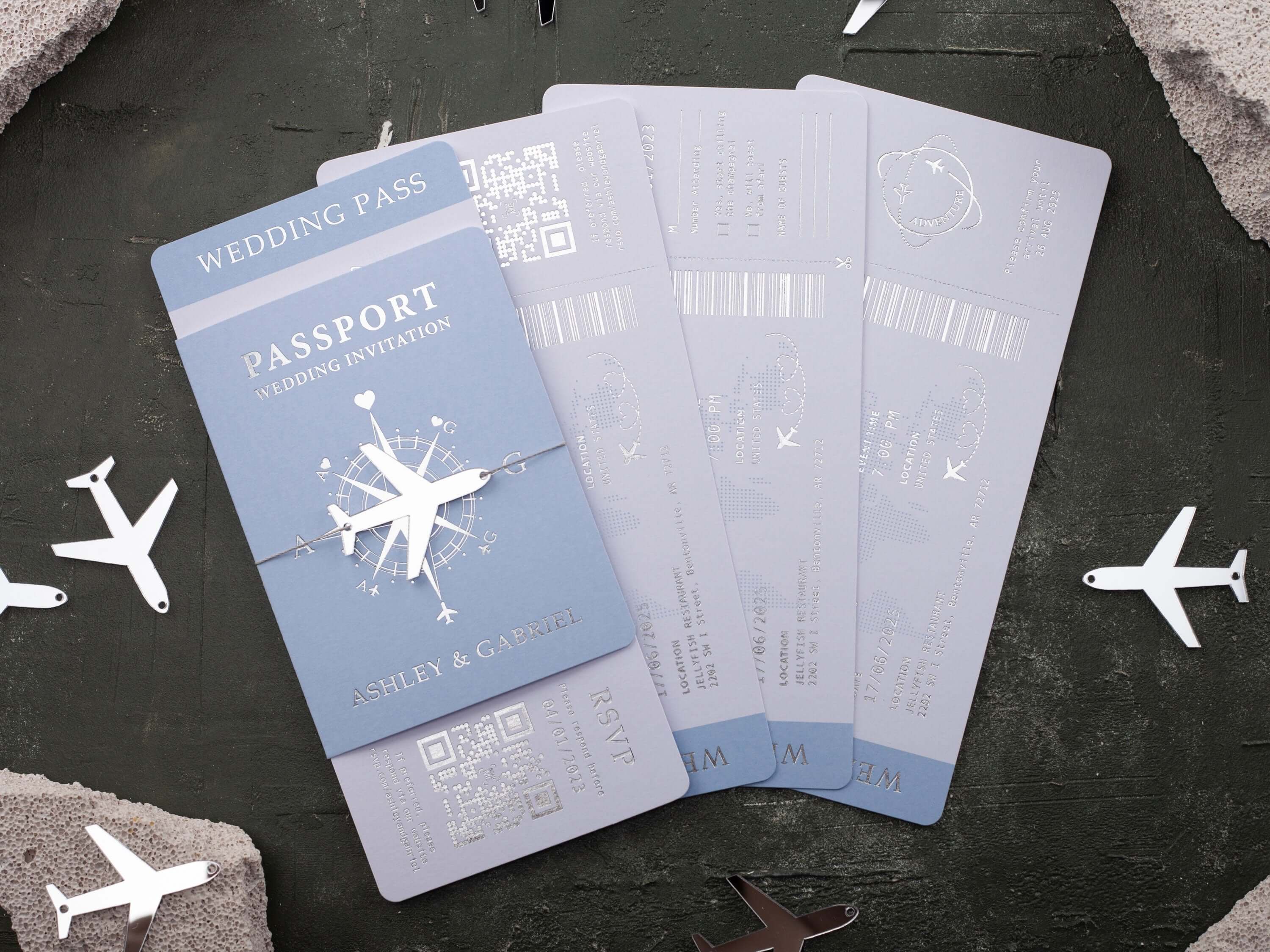 Baby Blue & Rose Gold Passport Wedding Invitation