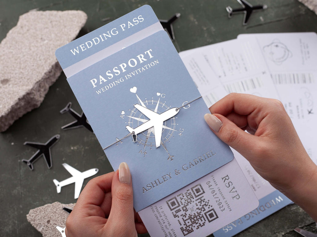 Baby Blue & Rose Gold Passport Wedding Invitation