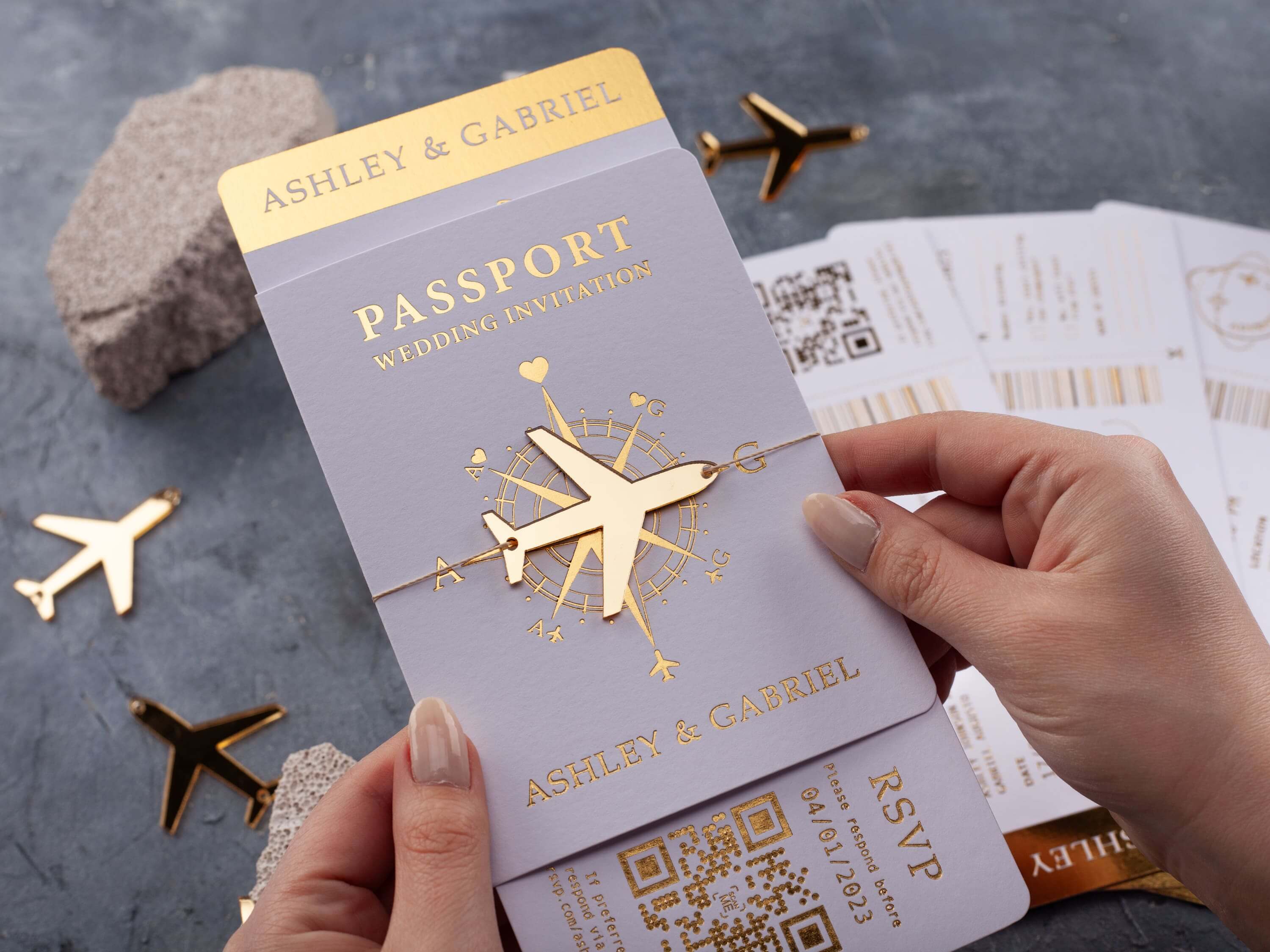 White & Gold Passport Wedding Invitation